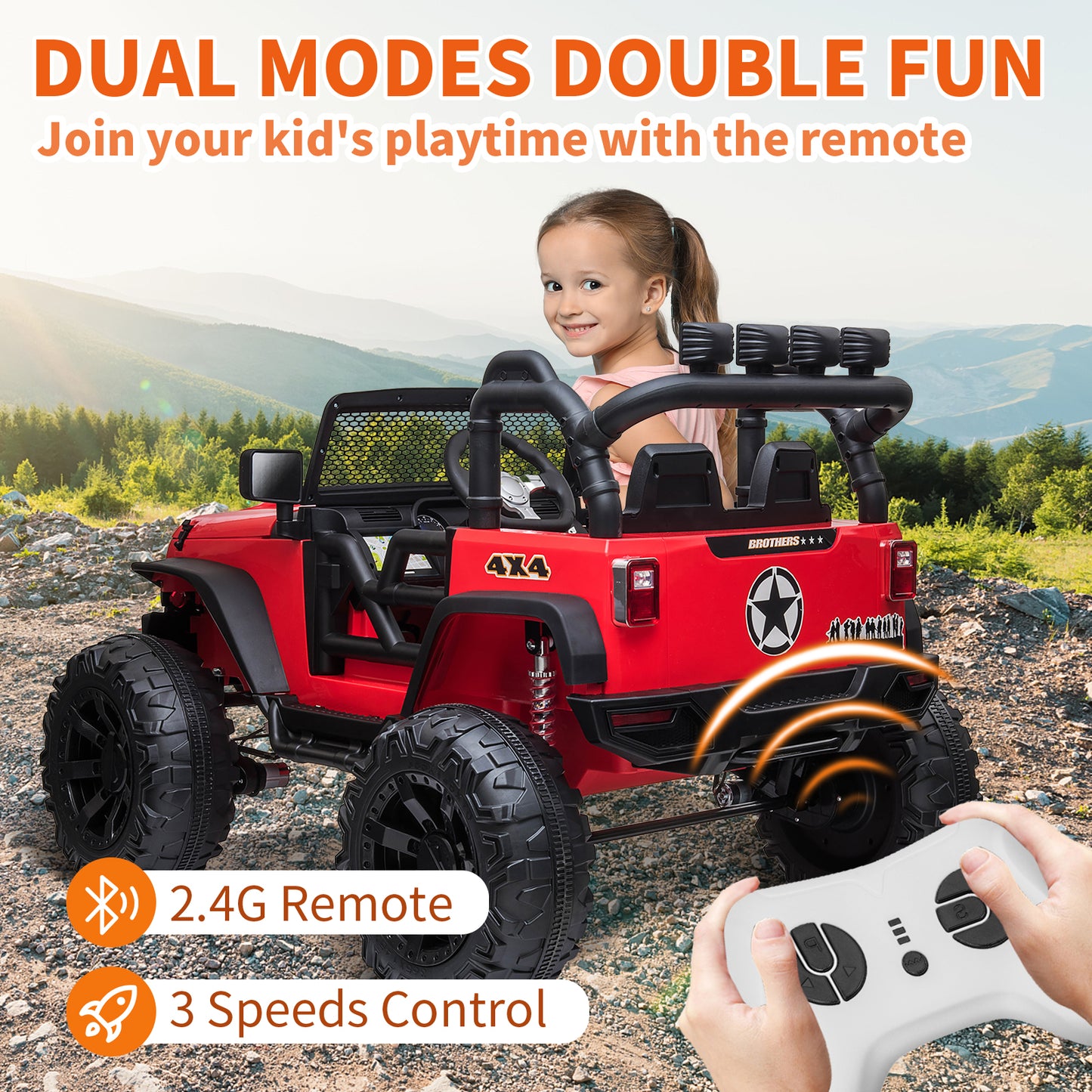 24V 4WD Kids Ride On Truck with Remote Control, 2 Seater Ride On Off-Road Toy Car w/ 4x200W Motors, 9AH Battery Powered Electric Vehicle, Spring Suspension, 3 Speeds, LED Lights, Bluetooth MP3 Music, Red