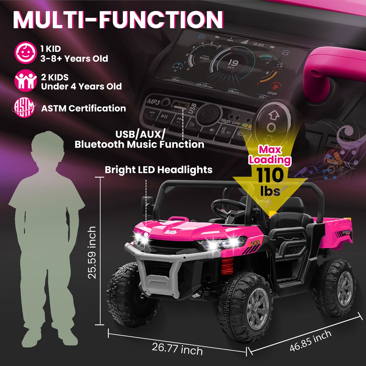 Joyracer 24V Ride on Toys UTV with Remote Control, Outdoor Electric Cars for Kids, 2 Seater Powered Ride on Dump Truck w/ Trailer, Shovel, 3 Speeds, Music, Big Kids, Pink