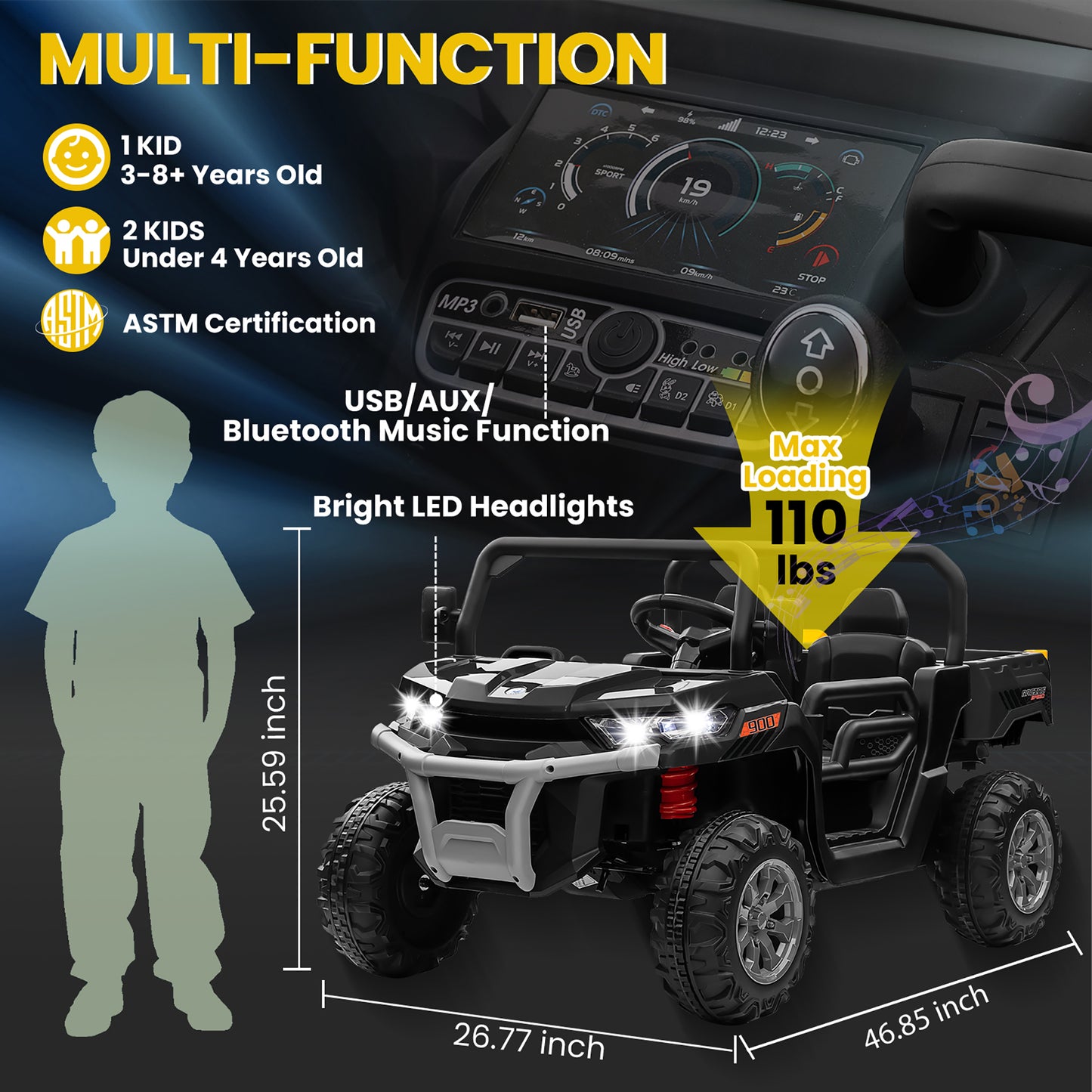 24V Kids Ride on Tractor with Remote Control, 2 Seater Ride on Truck for Kids Gift, 2x200W Motor, Electric Battery Powered Ride on Toy with Trailer & Shovel, Horn, MP3, Bluetooth Music, Black-623