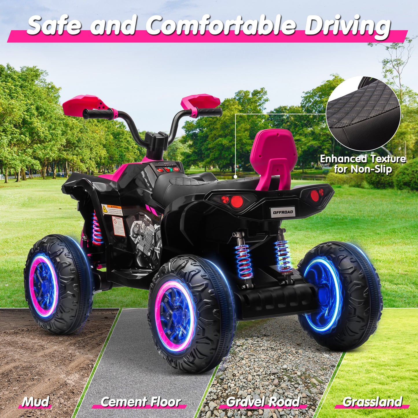 Joyracer 24V 4x4 Kids ATV Electric 4-Wheeler with Leather-Seater, 24 Volt Ride on Toys for Big Kids w/ Kneepads, 4x200W Motors, Bluetooth Music,Pink