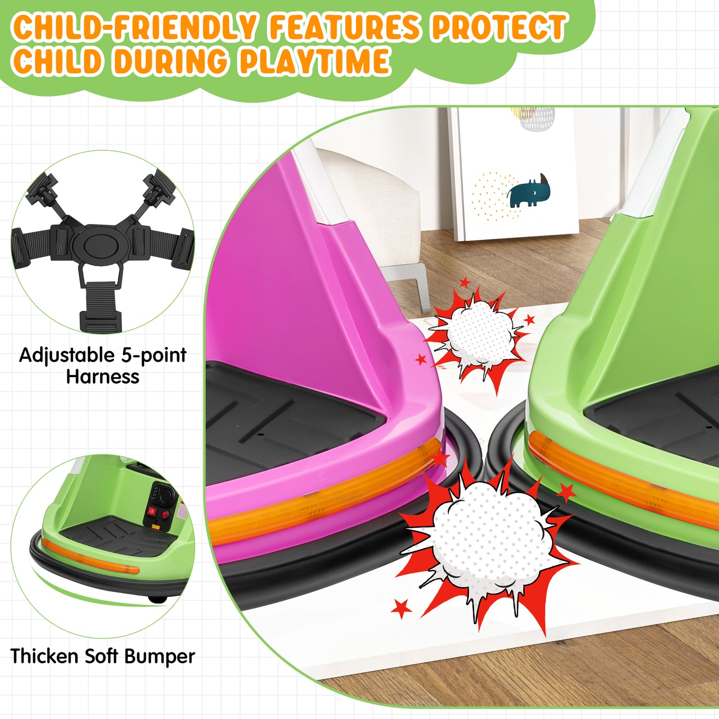 Joyracer 12V Kids Bumper Car for Toddler w/ Remote Control 3 Speeds, Electric Baby Bumper Car Ride on Toys with 7 Color Flashing Lights, 360 Spin, Volume Adjustable, USB/MP3 Music, 1.2 MPH Max, Green