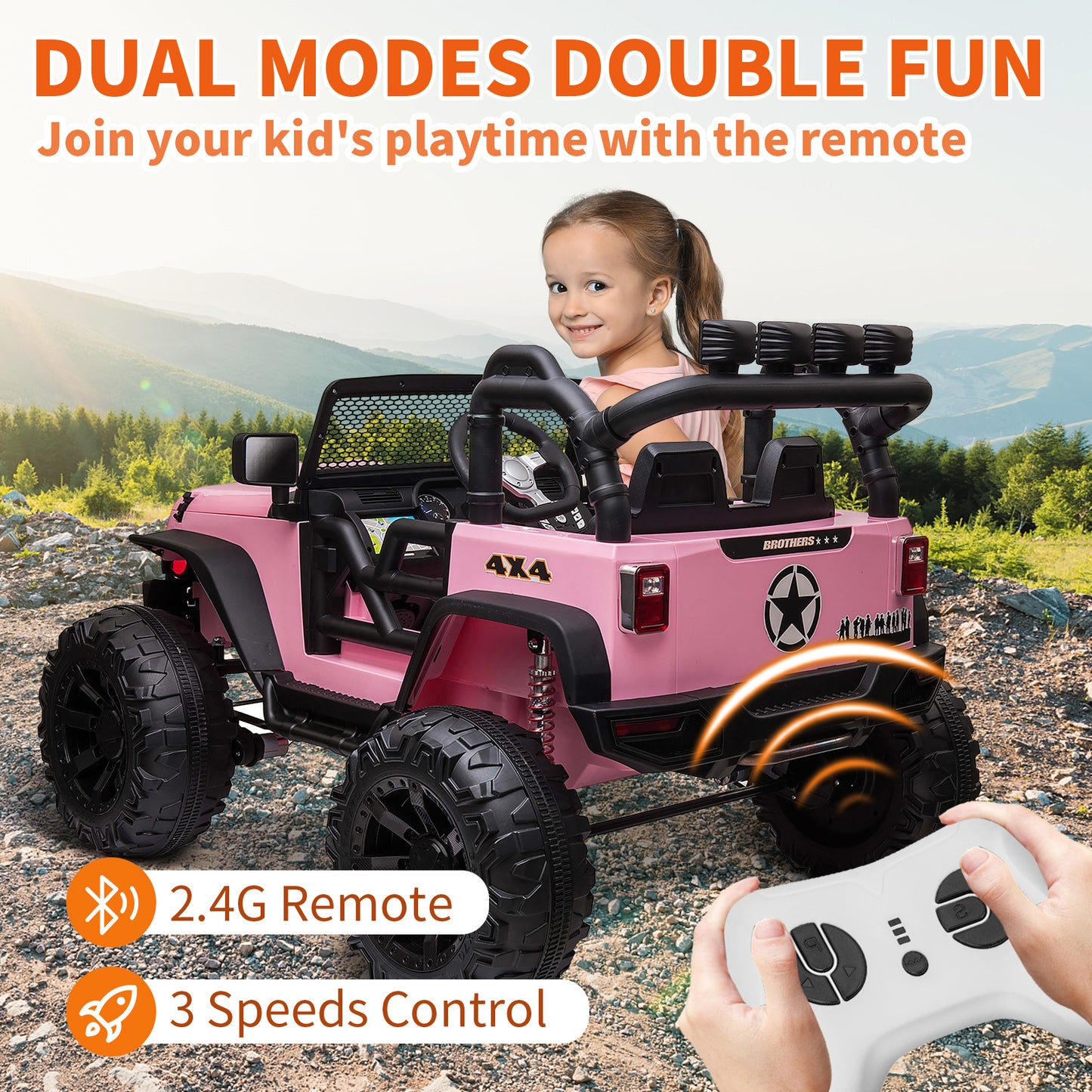 24V 4WD Kids Ride On Truck with Remote Control, 2 Seater Ride On Off-Road Toy Car w/ 4x200W Motors, 9AH Battery Powered Electric Vehicle, Spring Suspension, 3 Speeds, LED Lights, Bluetooth MP3 Music, Pink