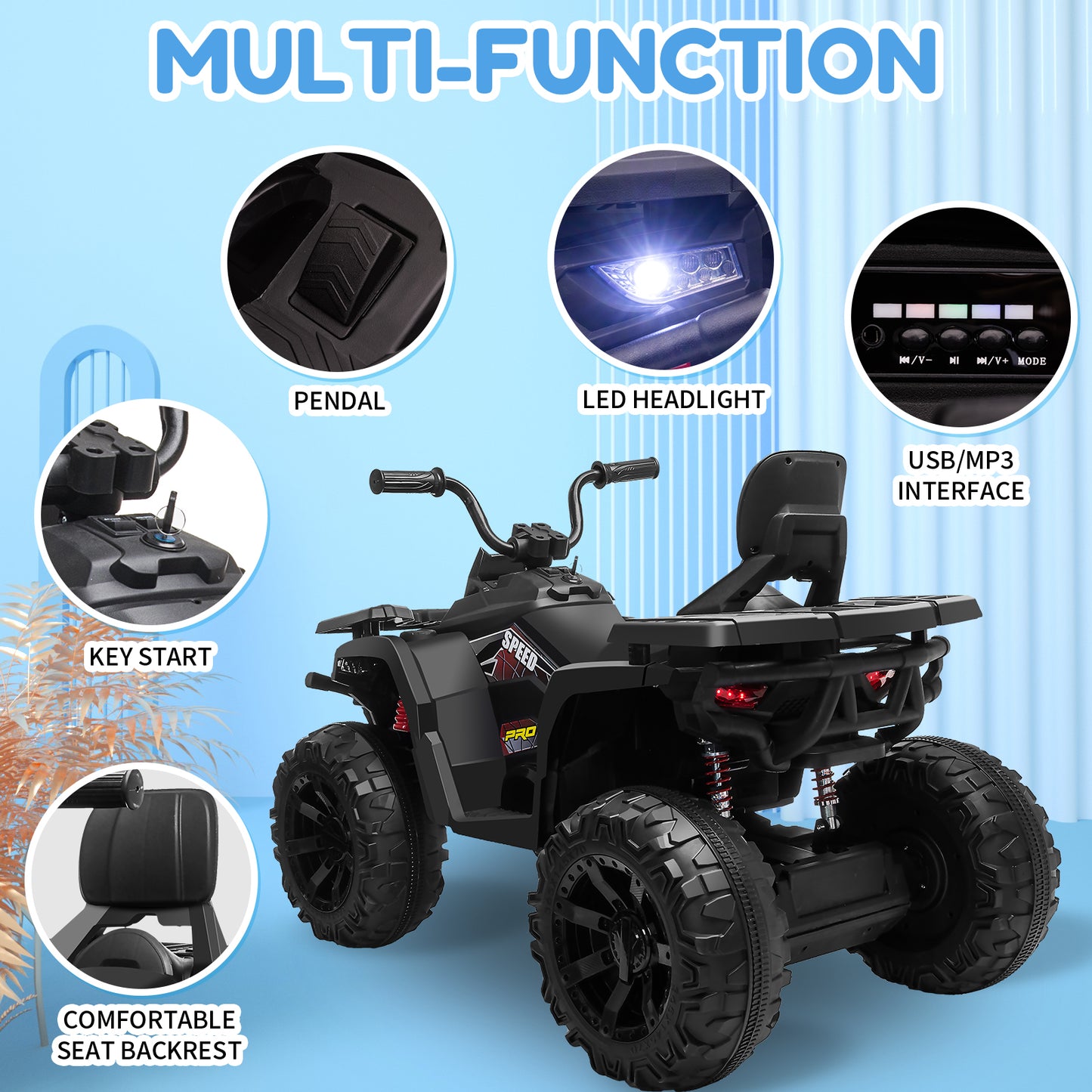 24V Kids Ride On ATV with 2 Seater,2* 200W Motor 9AH Battery Powered Electric Vehicle w/ LED Lights,High & Low Speed,Music,Spring Suspension,Ride on Car 4 Wheeler Quad for Boys & Girls,Black