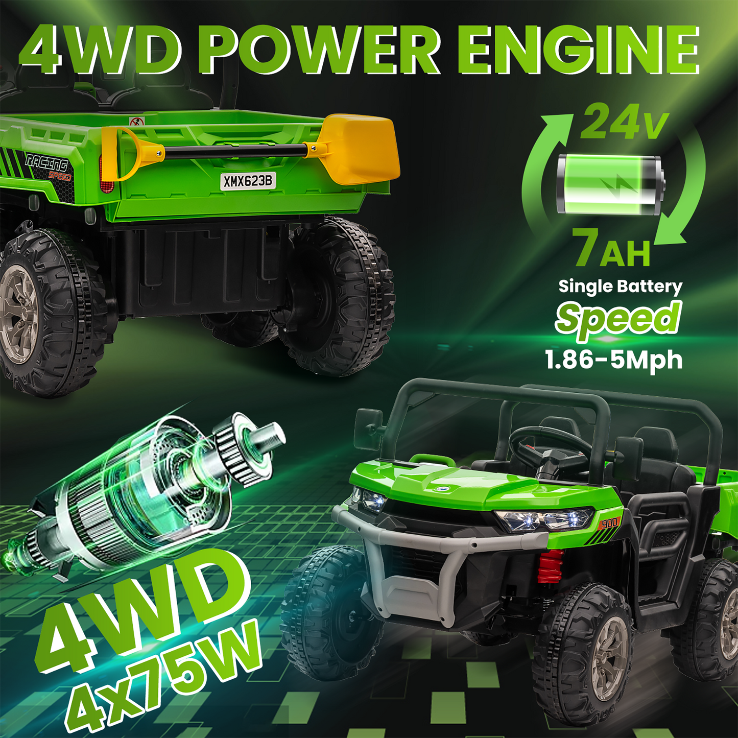 24V 2 Seater Kids Ride on Truck Car, 4WD Electric Powered Ride on Tractor with Trailer Remote Control