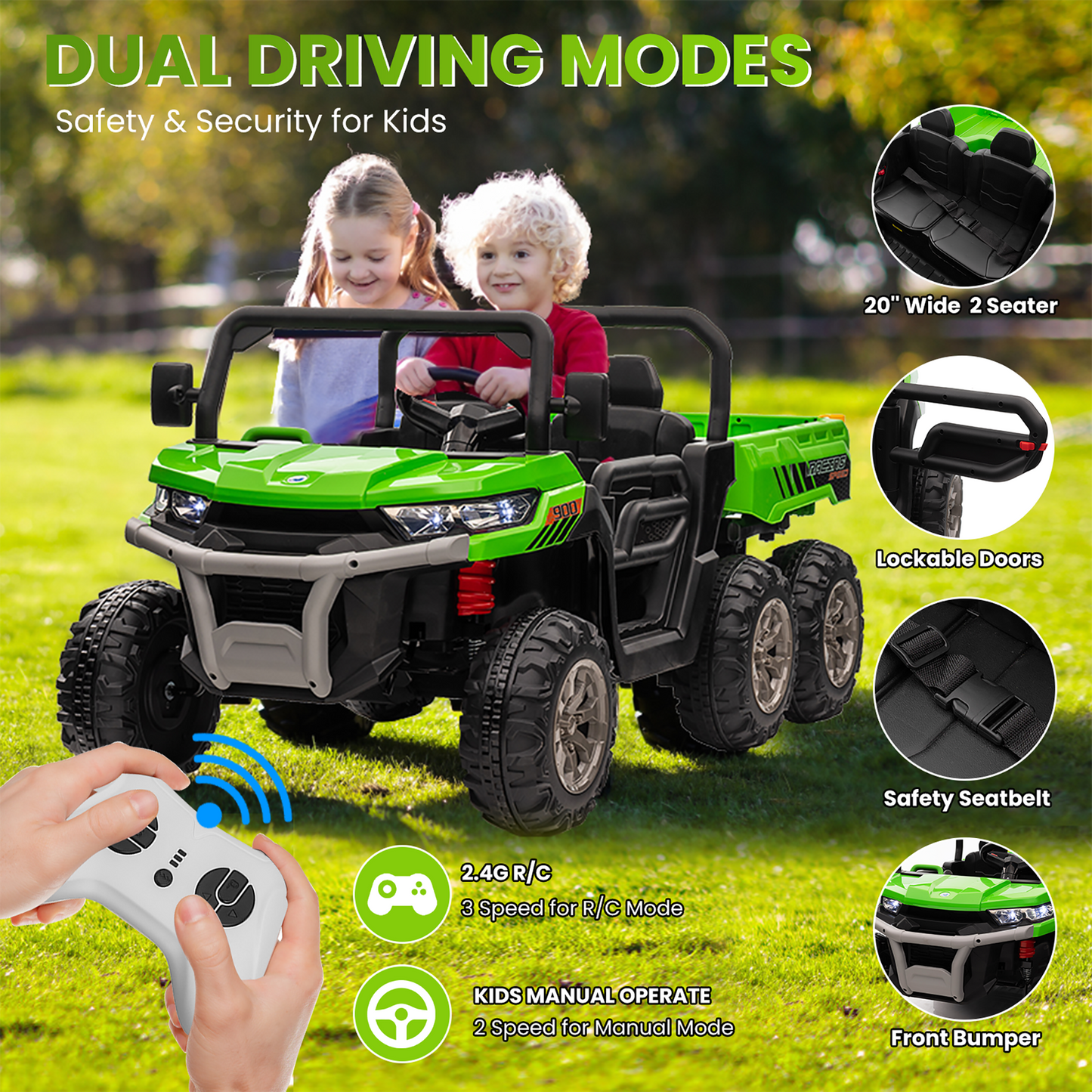 24V 2 Seater Kids Ride on Truck Car, 4WD Electric Powered Ride on Tractor with Trailer Remote Control