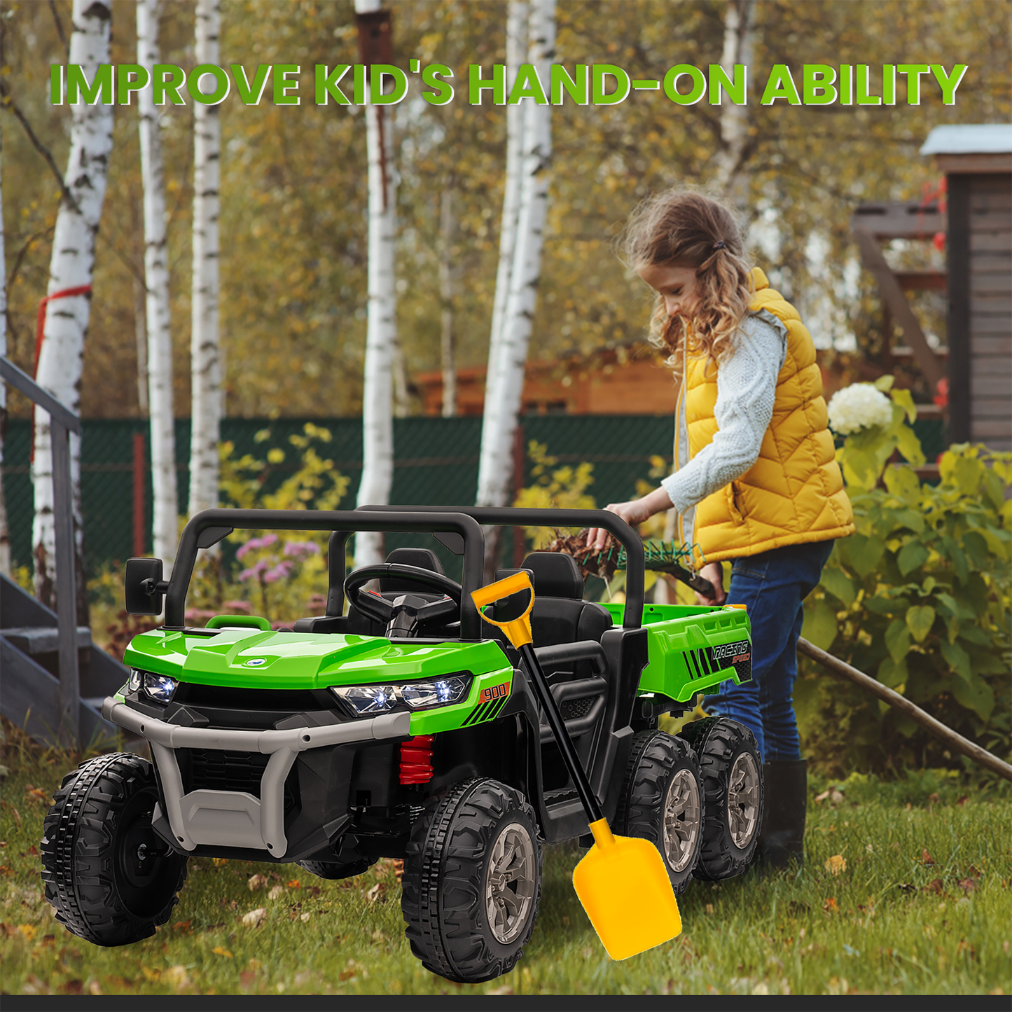 24V 2 Seater Kids Ride on Truck Car, 4WD Electric Powered Ride on Tractor with Trailer Remote Control