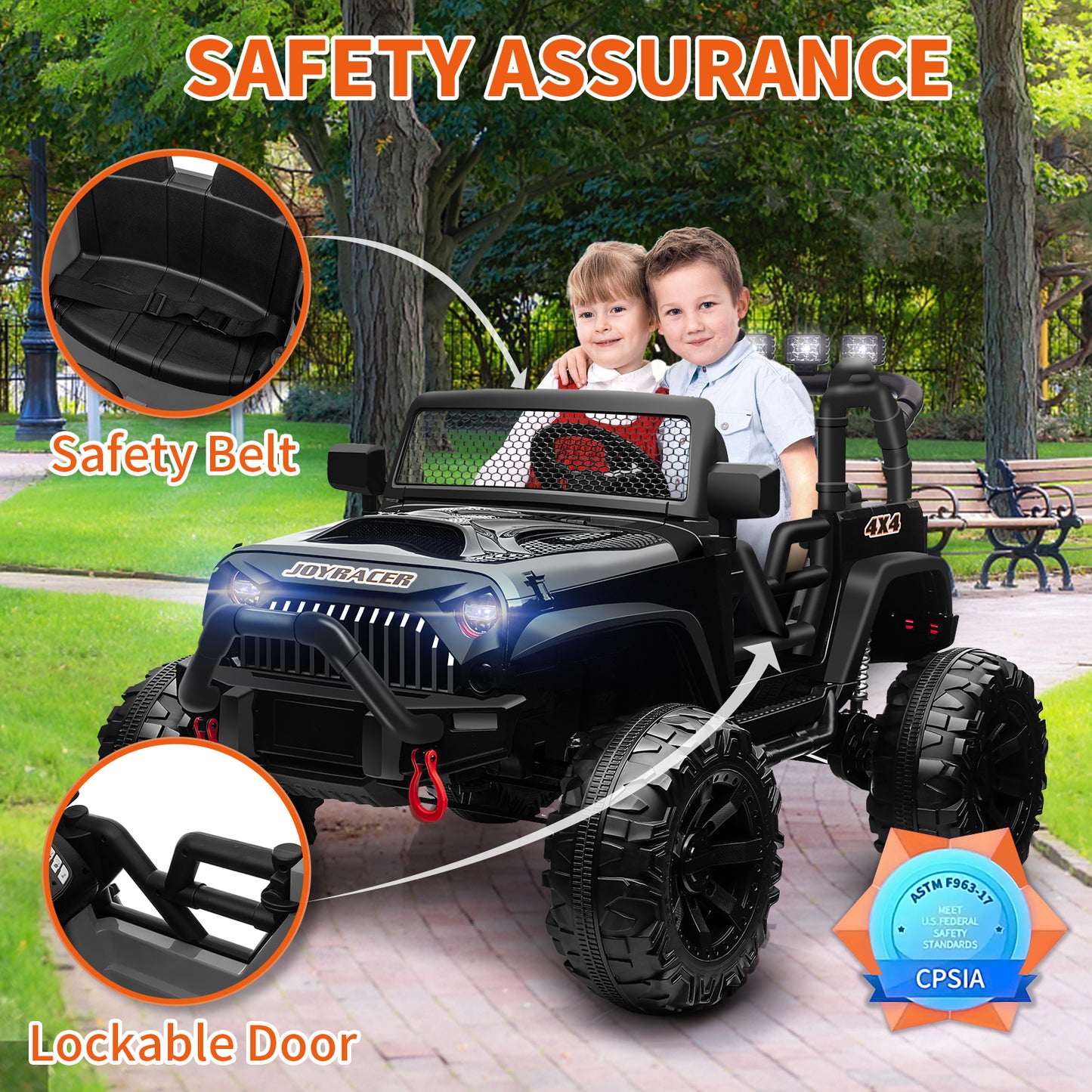 24V 4WD Kids Ride On Truck with Remote Control, 2 Seater Ride On Off-Road Toy Car w/ 4x200W Motors, 9AH Battery Powered Electric Vehicle, Spring Suspension, 3 Speeds, LED Lights, Bluetooth MP3 Music, Black