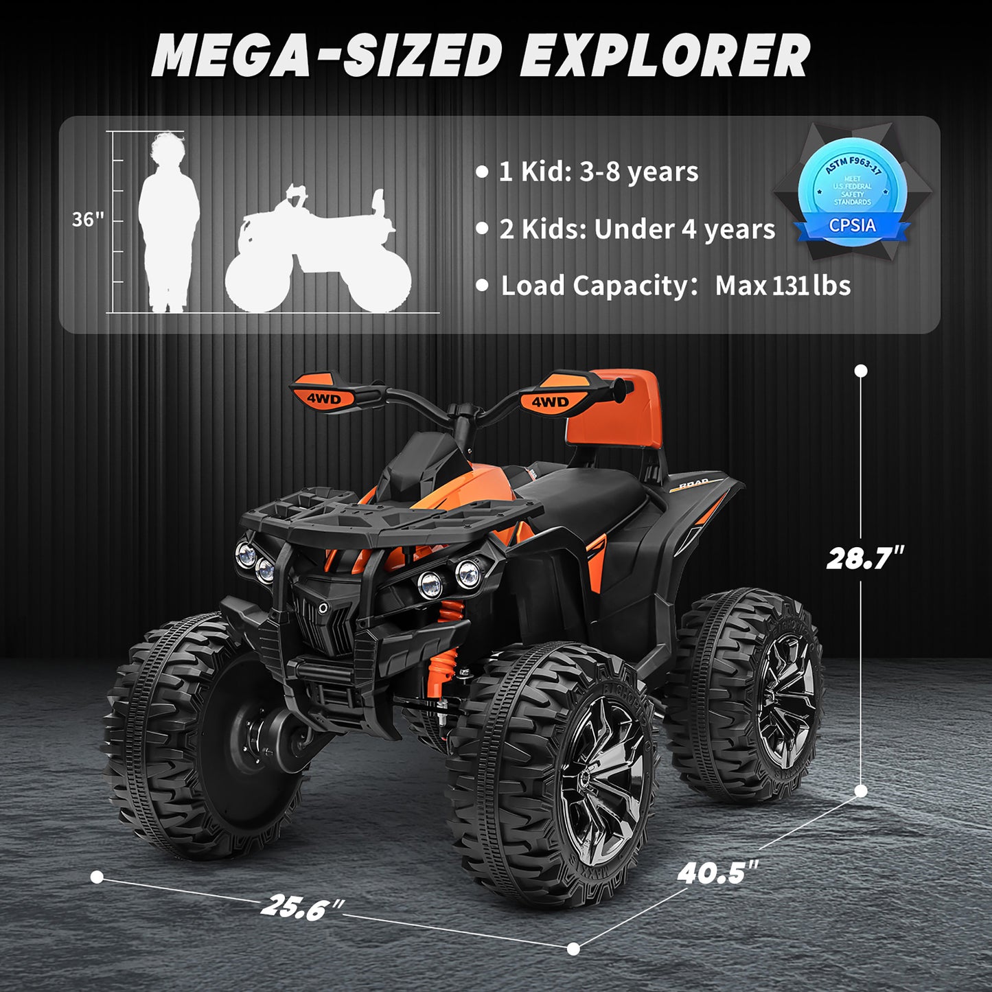 24V Kids Ride on ATV with 2 Seater, 4WD 4-Wheeler Quad Electric Car Toy w/ 4x200W Powerful Motor, High/Low Speed, Bluetooth, Radio, Music, LED Light for Boys & Girls Gift, Orange