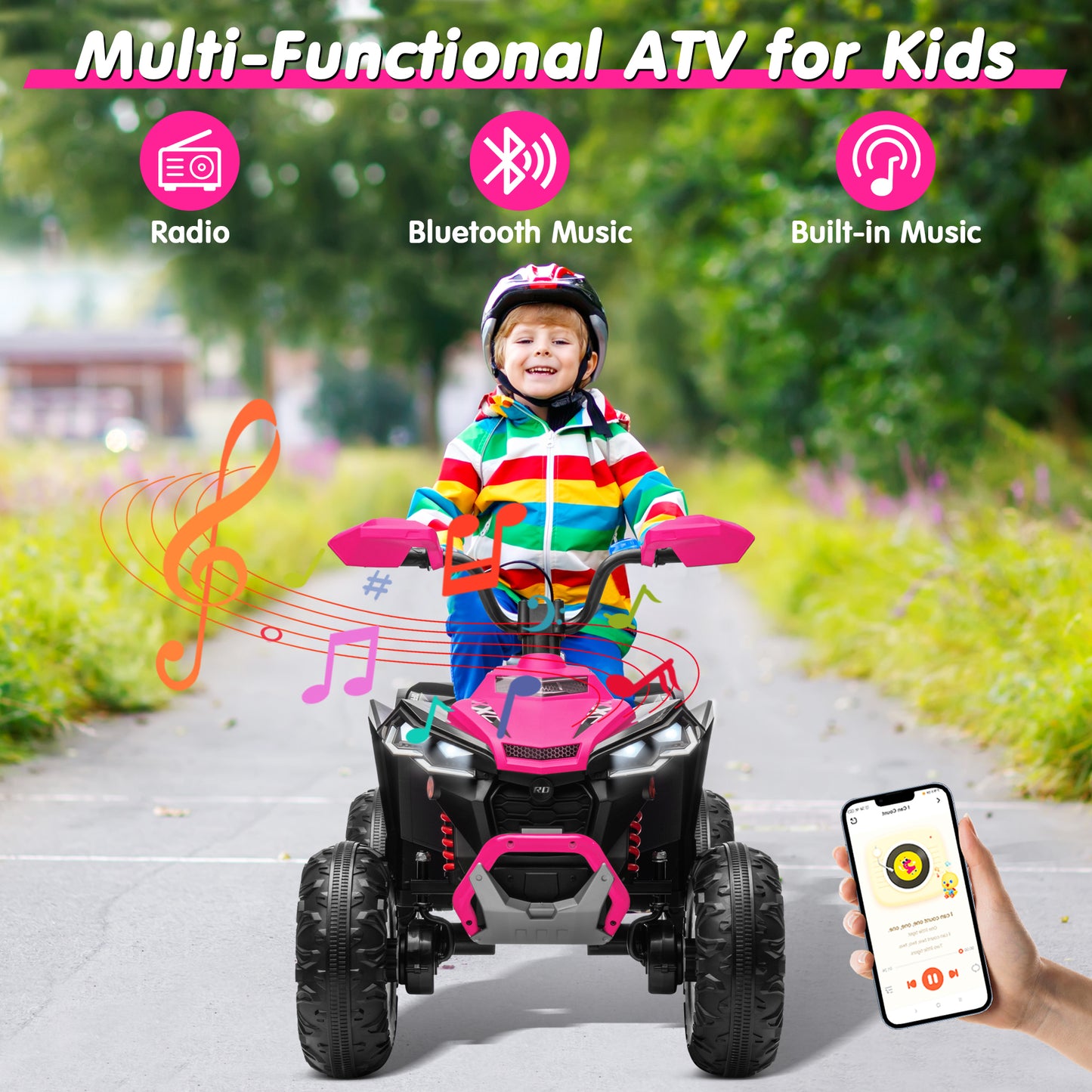 Joyracer 24V 4x4 Kids ATV Electric 4-Wheeler with Leather-Seater, 24 Volt Ride on Toys for Big Kids w/ Kneepads, 4x200W Motors, Bluetooth Music,Pink