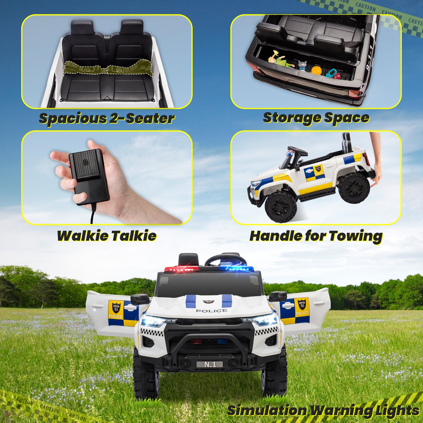 Joyracer 24V Electric Police Car w/ Walkie Talkie, 2 Seater Battery Powered Ride-on Toys w/ Remote, Cop Cars Ride on Truck Car, Siren Sound/Warning Lights, Music, Seat Belts, Kids Toys Gift, White