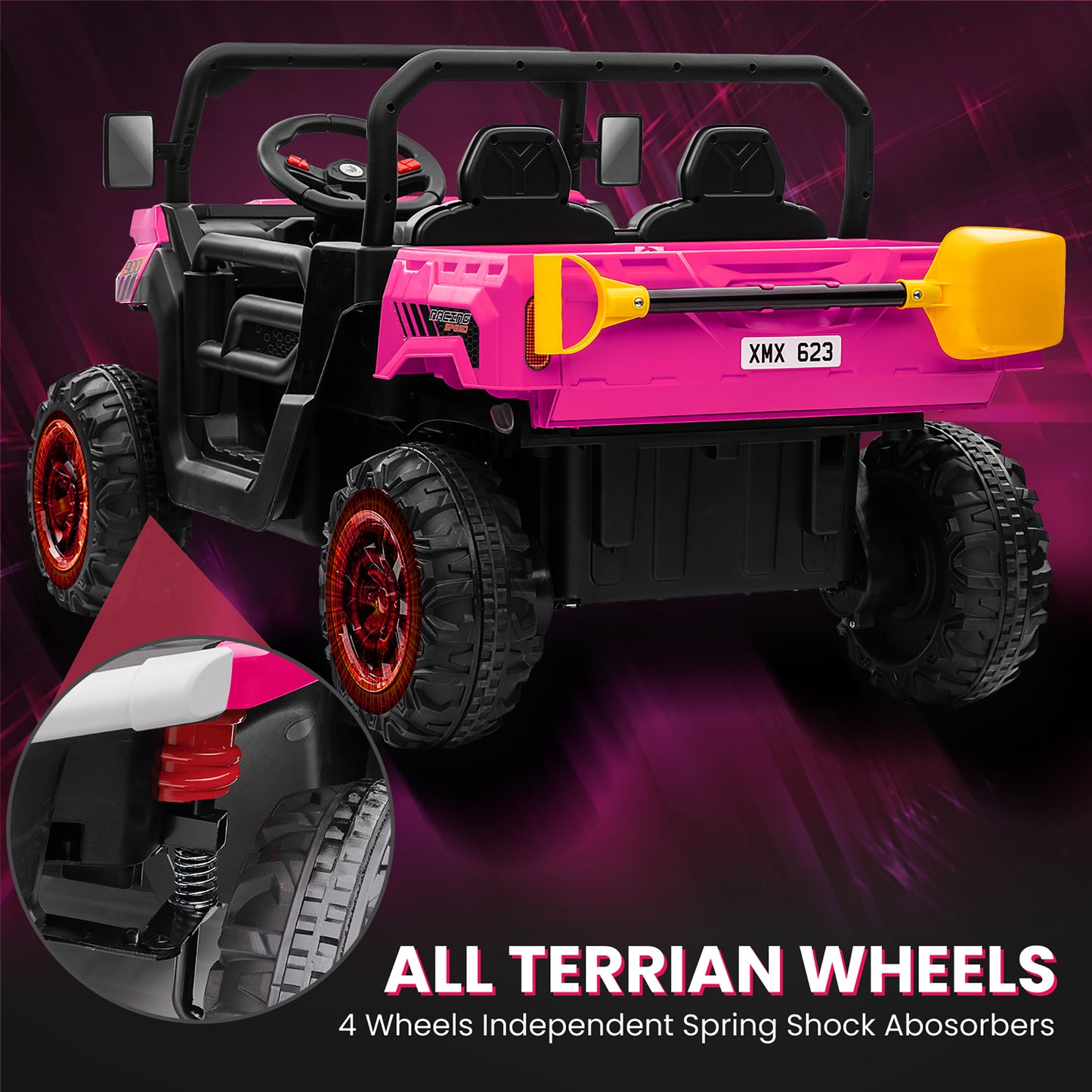 Joyracer 24V Ride on Toys UTV with Remote Control, Outdoor Electric Cars for Kids, 2 Seater Powered Ride on Dump Truck w/ Trailer, Shovel, 3 Speeds, Music, Big Kids, Pink