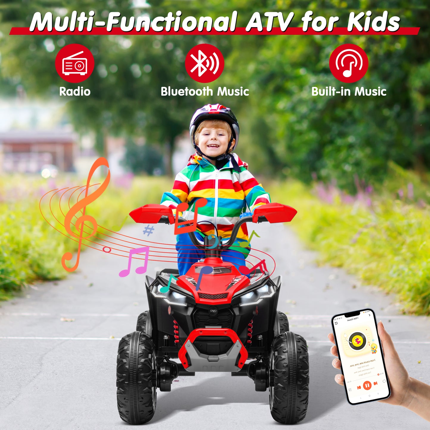 Joyracer 24V 4x4 Kids ATV Electric 4-Wheeler with Leather-Seater, 24 Volt Ride on Toys for Big Kids w/ Kneepads, 4x200W Motors, Bluetooth Music, Red