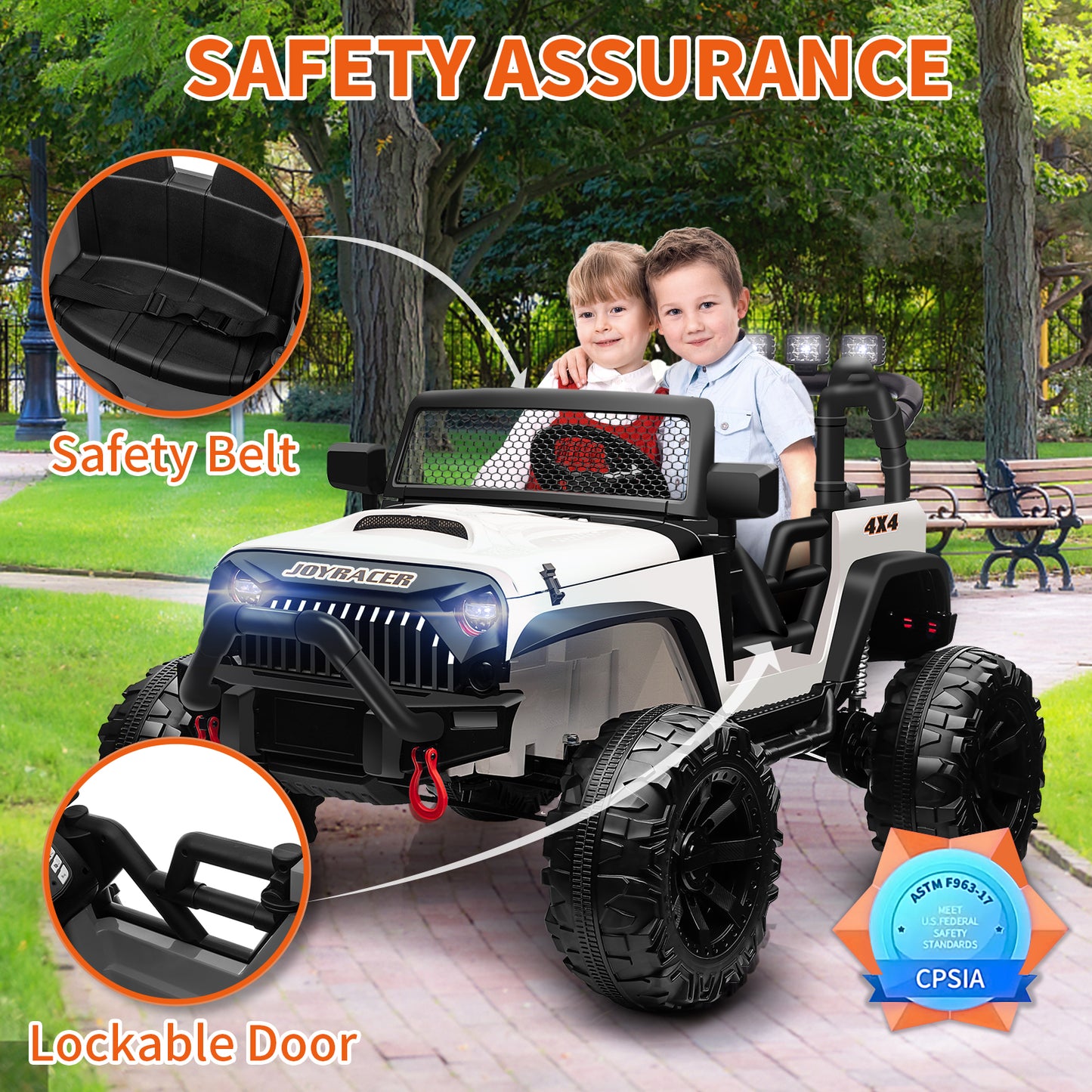 24V 4WD Kids Ride On Truck with Remote Control, 2 Seater Ride On Off-Road Toy Car w/ 4x200W Motors, 9AH Battery Powered Electric Vehicle, Spring Suspension, 3 Speeds, LED Lights, Bluetooth MP3 Music, White