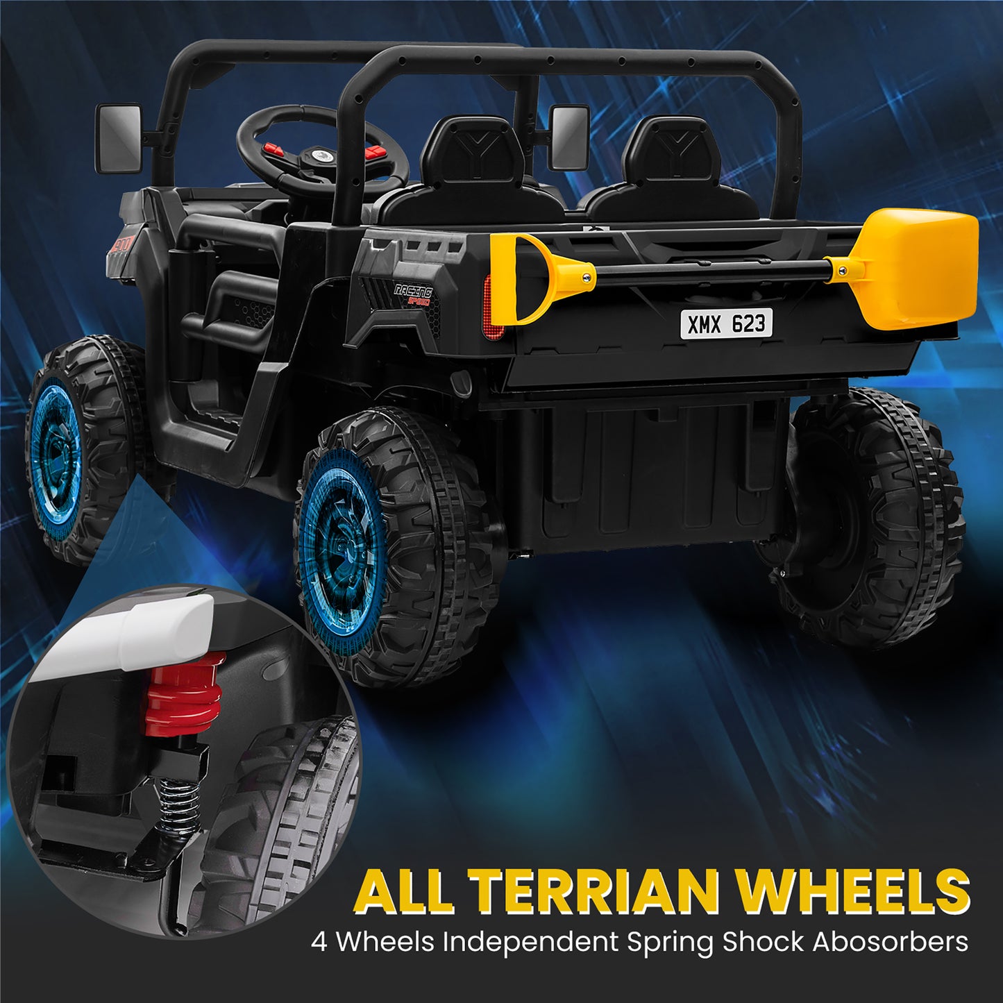 Joyracer 24V Ride on Toys UTV with Remote Control, Outdoor Electric Cars for Kids, 2 Seater Powered Ride on Dump Truck w/ Trailer, Shovel, 3 Speeds, Music, Big Kids, Black