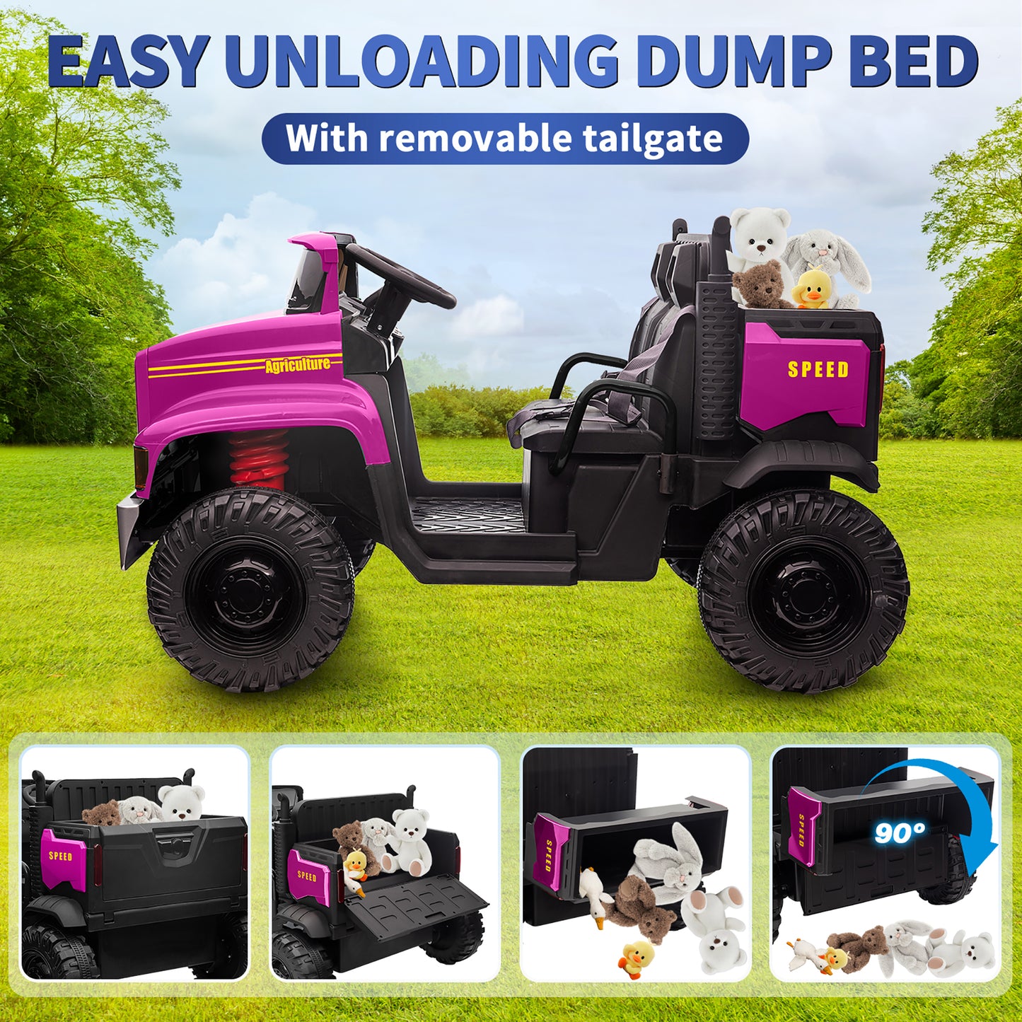 24V 2 Seater Kids Ride on Dump Truck Car, Electric Powered Ride on Toy Tractor with Trailer Remote Control