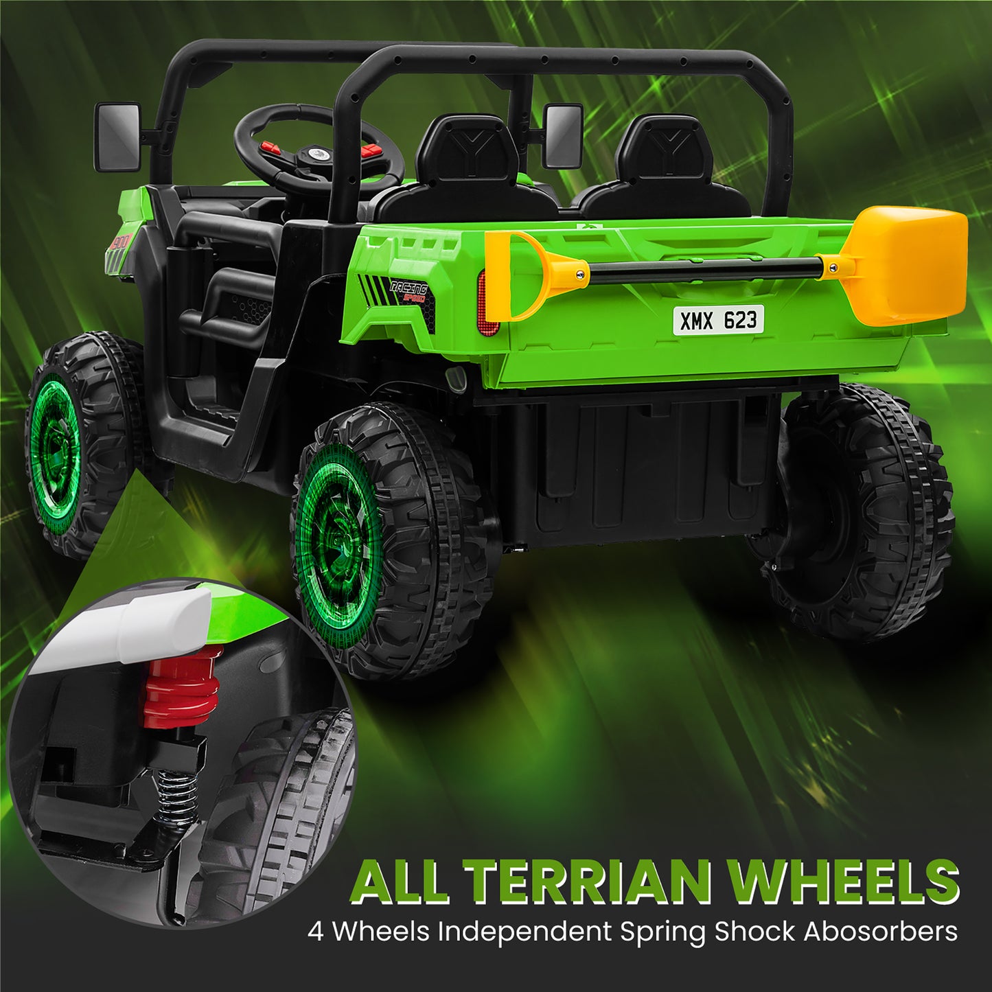 Joyracer 24V Ride on Toys UTV with Remote Control, Outdoor Electric Cars for Kids, 2 Seater Powered Ride on Dump Truck w/ Trailer, Shovel, 3 Speeds, Music, Big Kids, Green