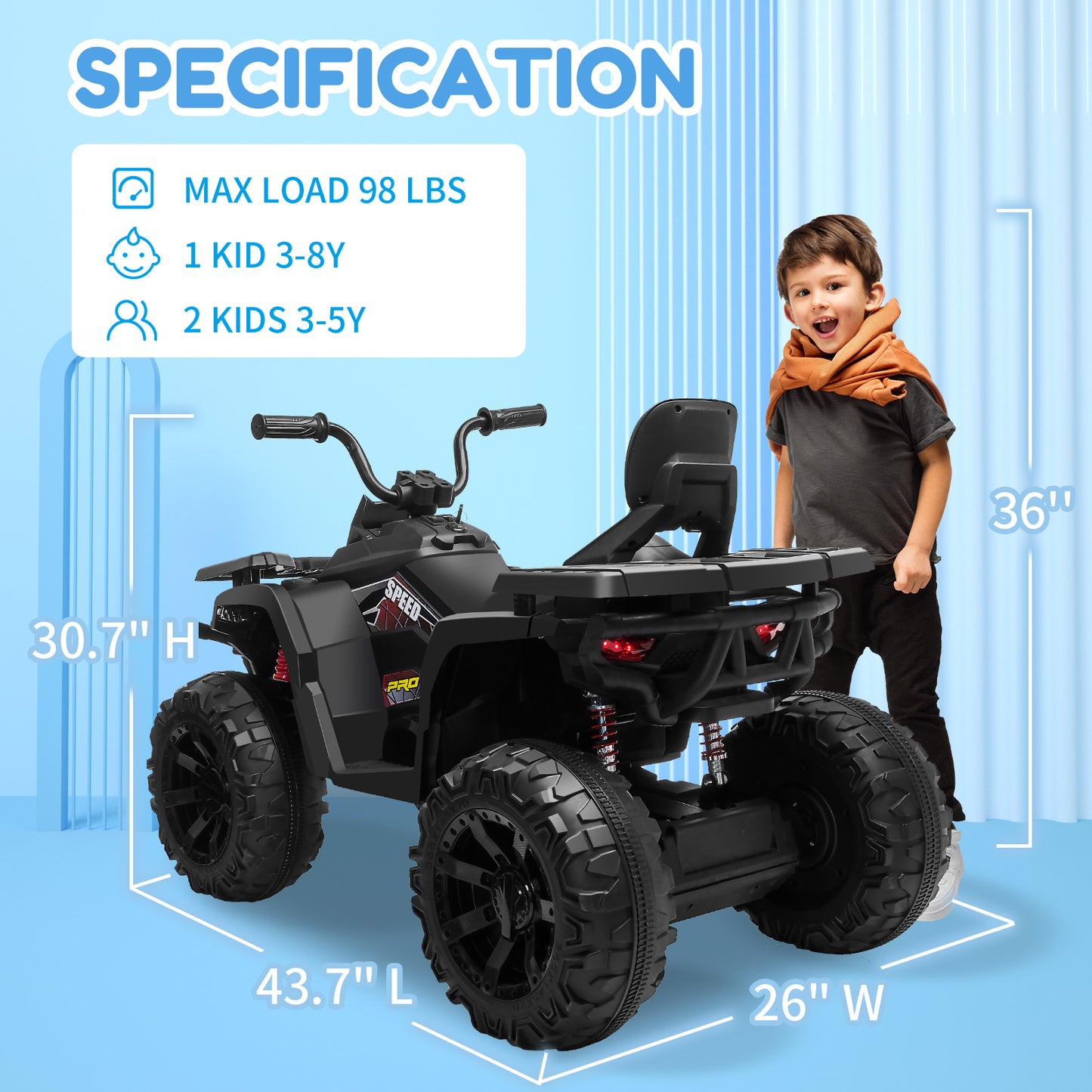 24V Kids Ride On ATV with 2 Seater,2* 200W Motor 9AH Battery Powered Electric Vehicle w/ LED Lights,High & Low Speed,Music,Spring Suspension,Ride on Car 4 Wheeler Quad for Boys & Girls,Black