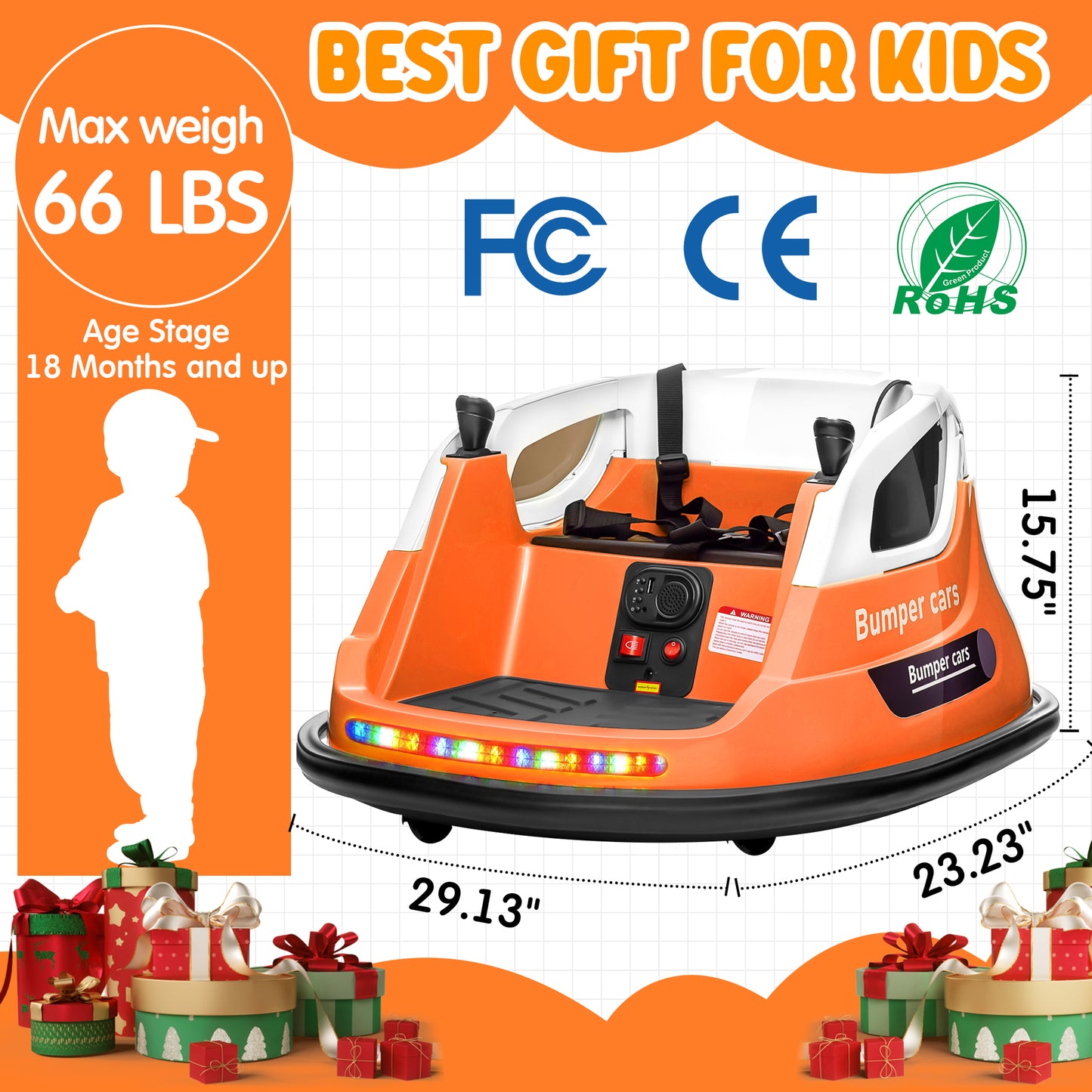 Joyracer 12V Kids Bumper Car for Toddler w/ Remote Control 3 Speeds, Electric Baby Bumper Car Ride on Toys with 7 Color Flashing Lights, 360 Spin, Volume Adjustable, USB/MP3 Music, 1.2 MPH Max, Orange