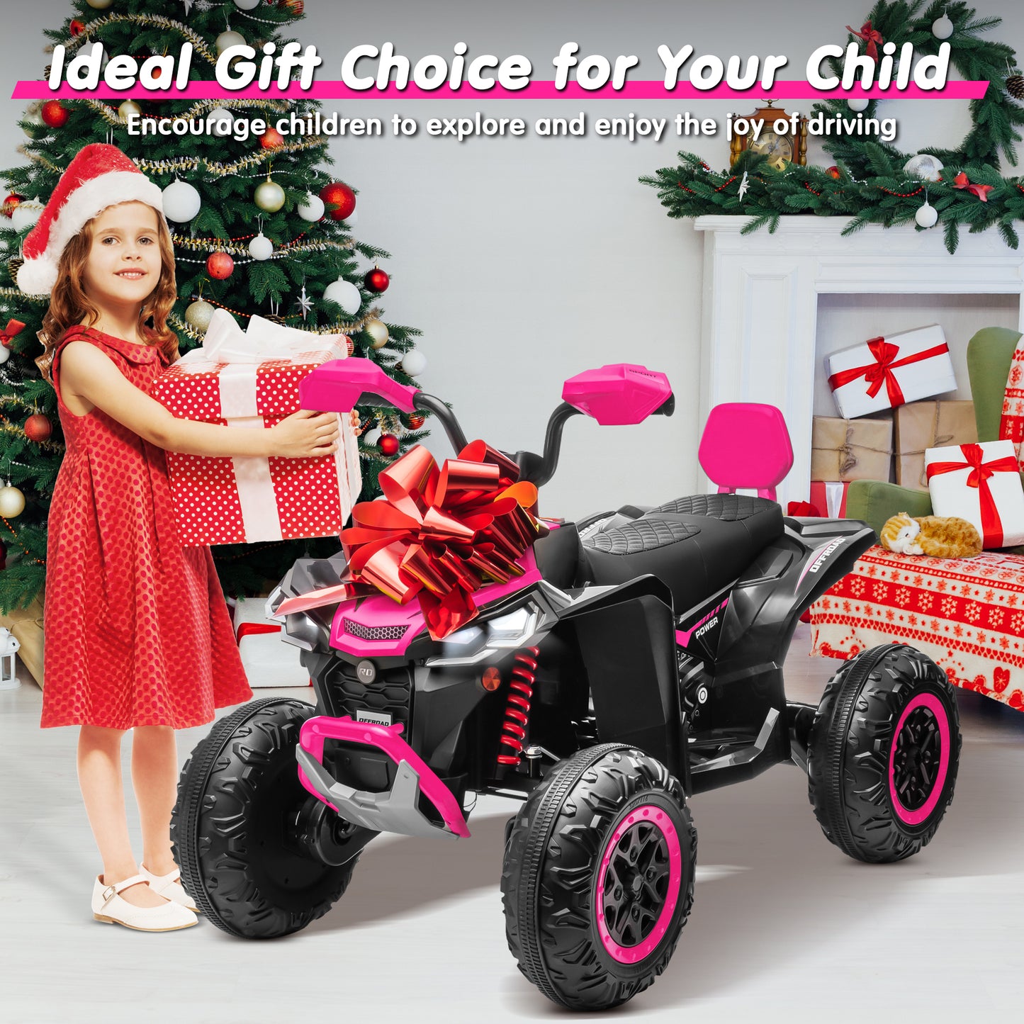 Joyracer 24V 4x4 Kids ATV Electric 4-Wheeler with Leather-Seater, 24 Volt Ride on Toys for Big Kids w/ Kneepads, 4x200W Motors, Bluetooth Music,Pink