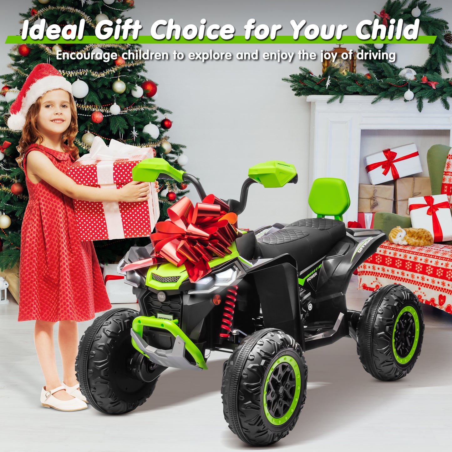 Joyracer 24V 4x4 Kids ATV Electric 4-Wheeler with Leather-Seater, 24 Volt Ride on Toys for Big Kids w/ Kneepads, 4x200W Motors, Bluetooth Music, Green
