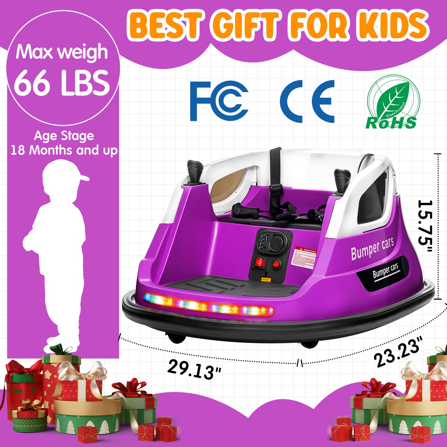 Joyracer 12V Kids Bumper Car for Toddler w/ Remote Control 3 Speeds, Electric Baby Bumper Car Ride on Toys with 7 Color Flashing Lights, 360 Spin, Volume Adjustable, USB/MP3 Music, 1.2 MPH Max, Purple