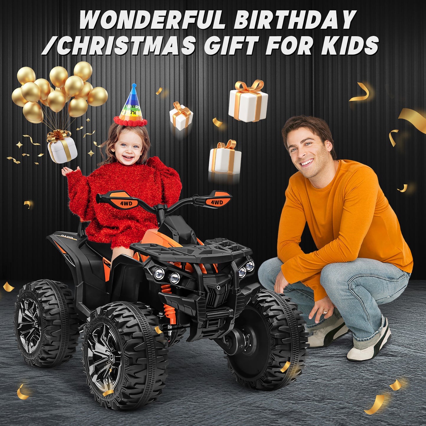 24V Kids Ride on ATV with 2 Seater, 4WD 4-Wheeler Quad Electric Car Toy w/ 4x200W Powerful Motor, High/Low Speed, Bluetooth, Radio, Music, LED Light for Boys & Girls Gift, Orange