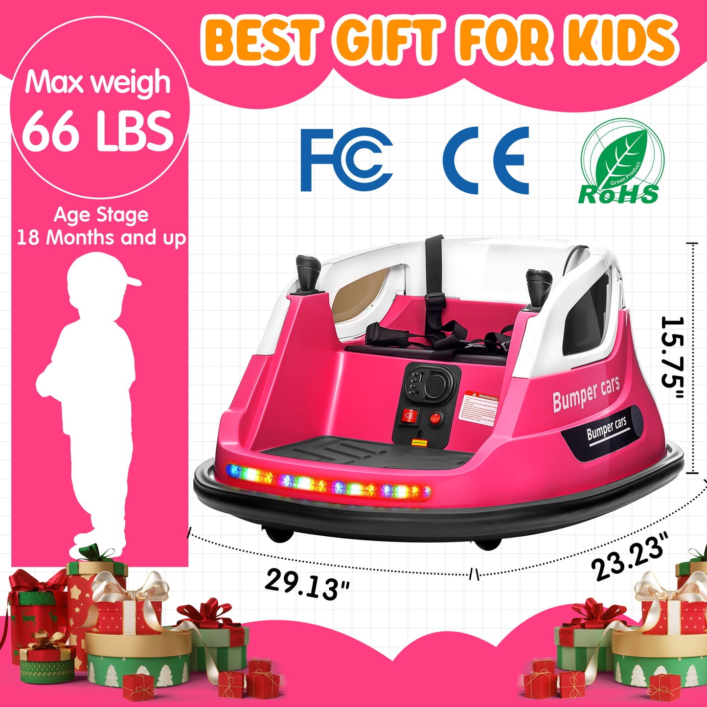 Joyracer 12V Kids Bumper Car for Toddler w/ Remote Control 3 Speeds, Electric Baby Bumper Car Ride on Toys with 7 Color Flashing Lights, 360 Spin, Volume Adjustable, USB/MP3 Music, 1.2 MPH Max, Rose