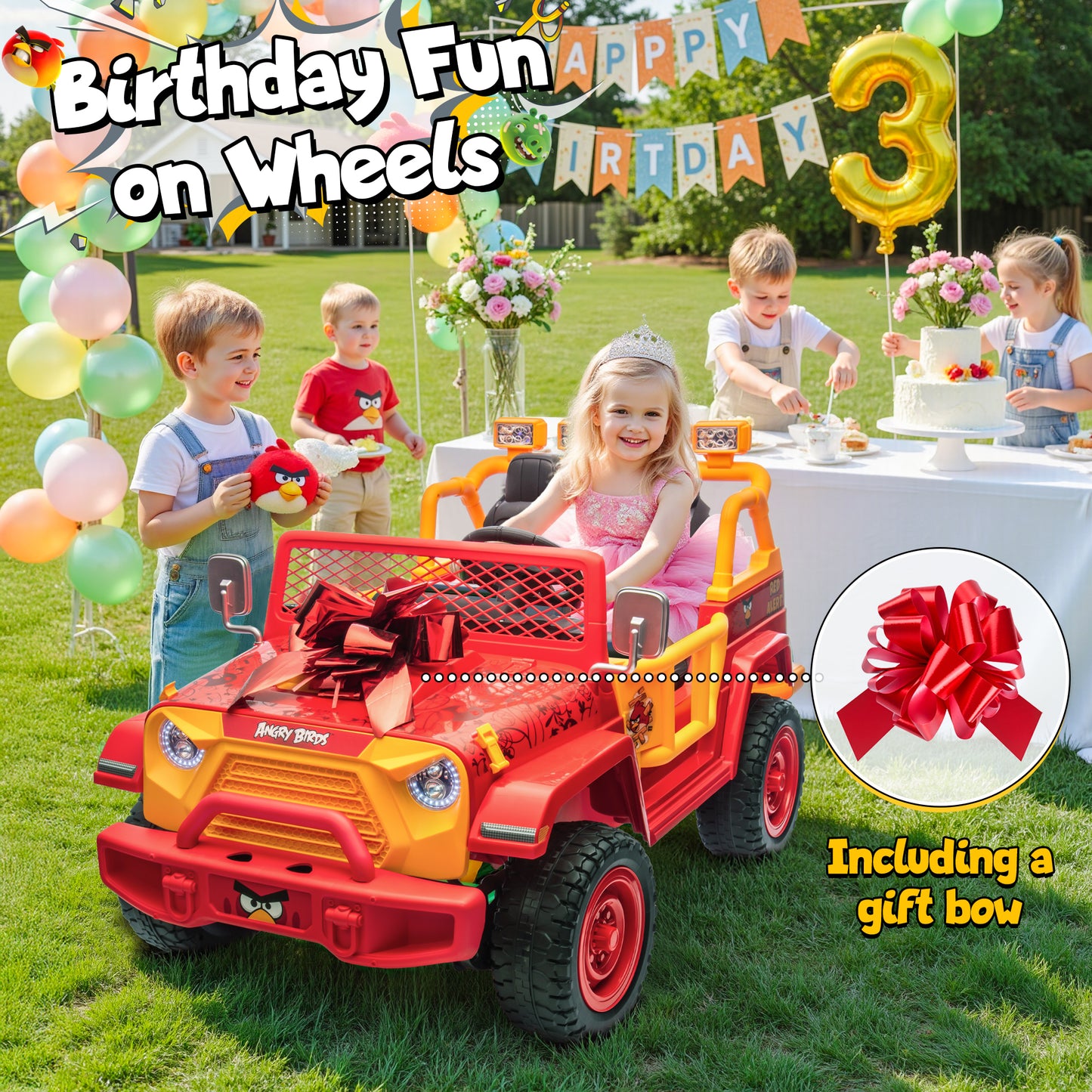Joyracer 24 Volt Ride on Toys for Big Kids, Licensed Angry Birds Powered Ride on Truck with Remote Control, 2 Seater 4WD Ride ons with Shovel, Bluetooth, Lights, Electric Car for 3-8, 130lbs