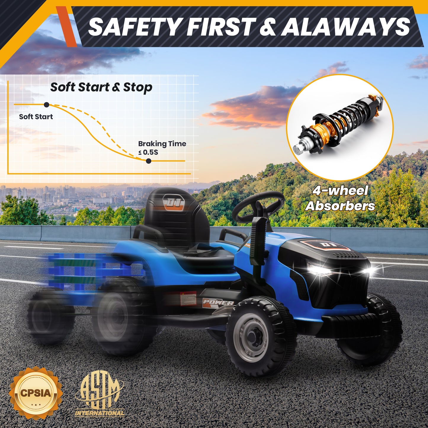 Joyracer 24 Volt Ride on Toys with Remote Control, Battery Powered Tractor Wheeler Electric Car for Toddlers, Motorized Vehicle w/ Tippable Trailer, Music - Blue 4-21