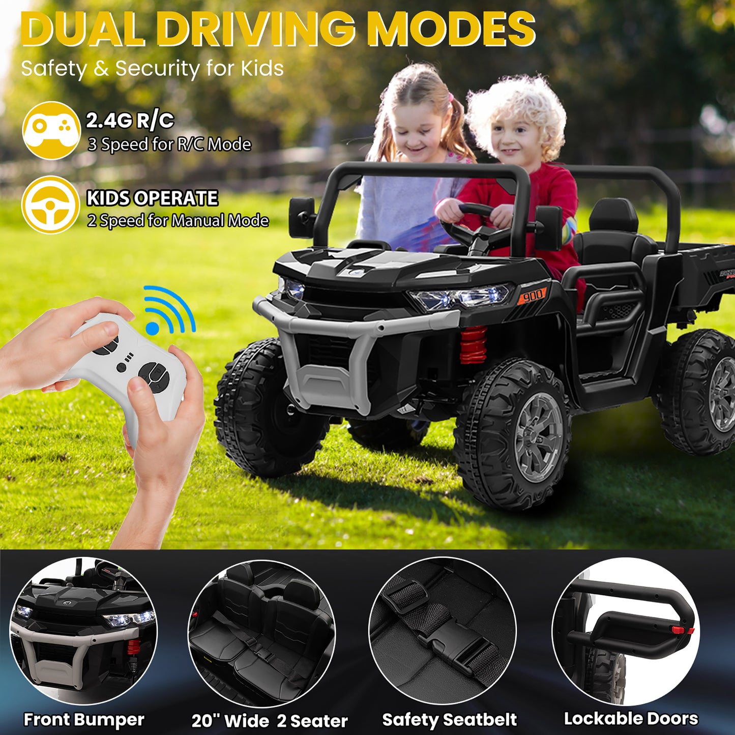 24V Kids Ride on Tractor with Remote Control, 2 Seater Ride on Truck for Kids Gift, 2x200W Motor, Electric Battery Powered Ride on Toy with Trailer & Shovel, Horn, MP3, Bluetooth Music, Black-623