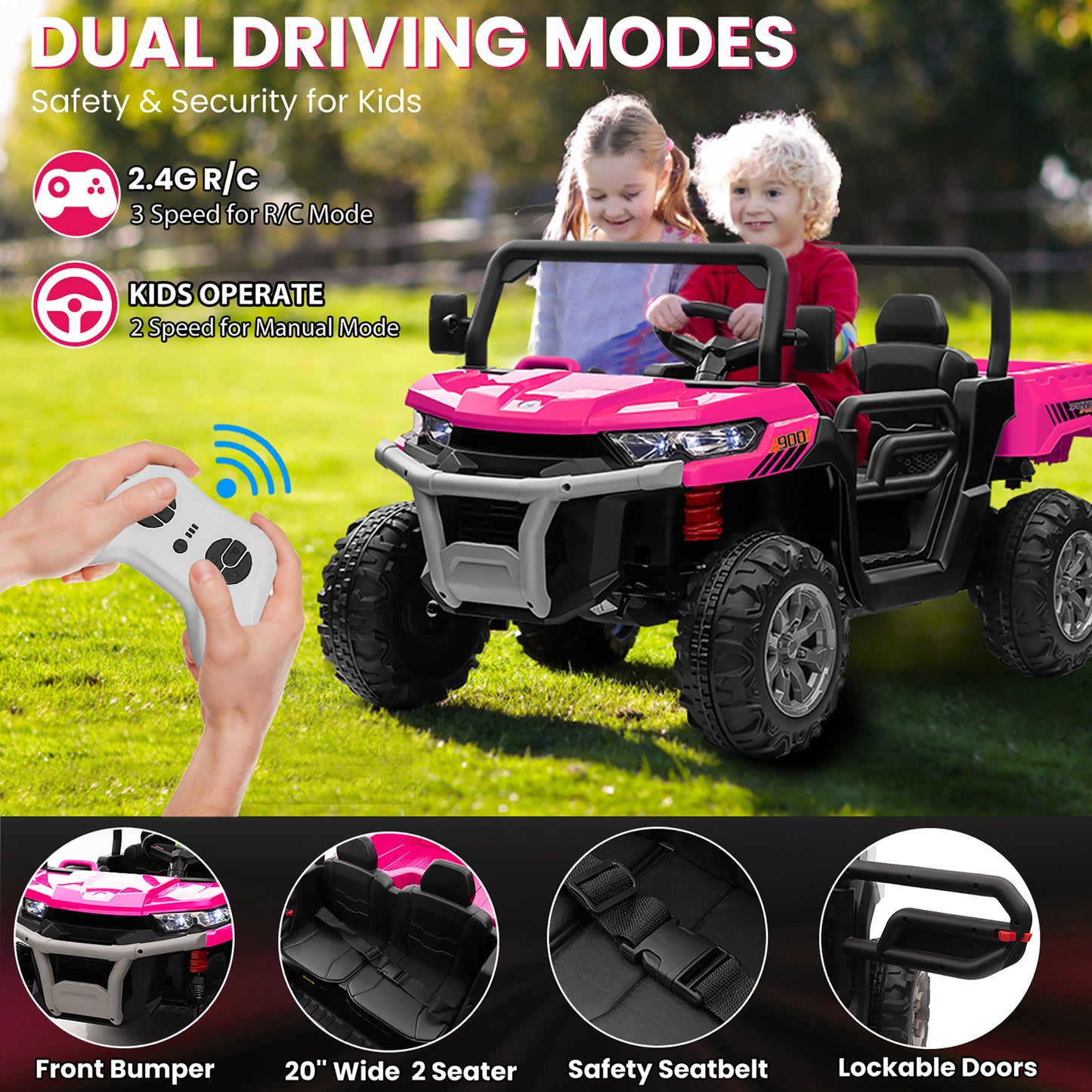 Joyracer 24V Ride on Toys UTV with Remote Control, Outdoor Electric Cars for Kids, 2 Seater Powered Ride on Dump Truck w/ Trailer, Shovel, 3 Speeds, Music, Big Kids, Pink