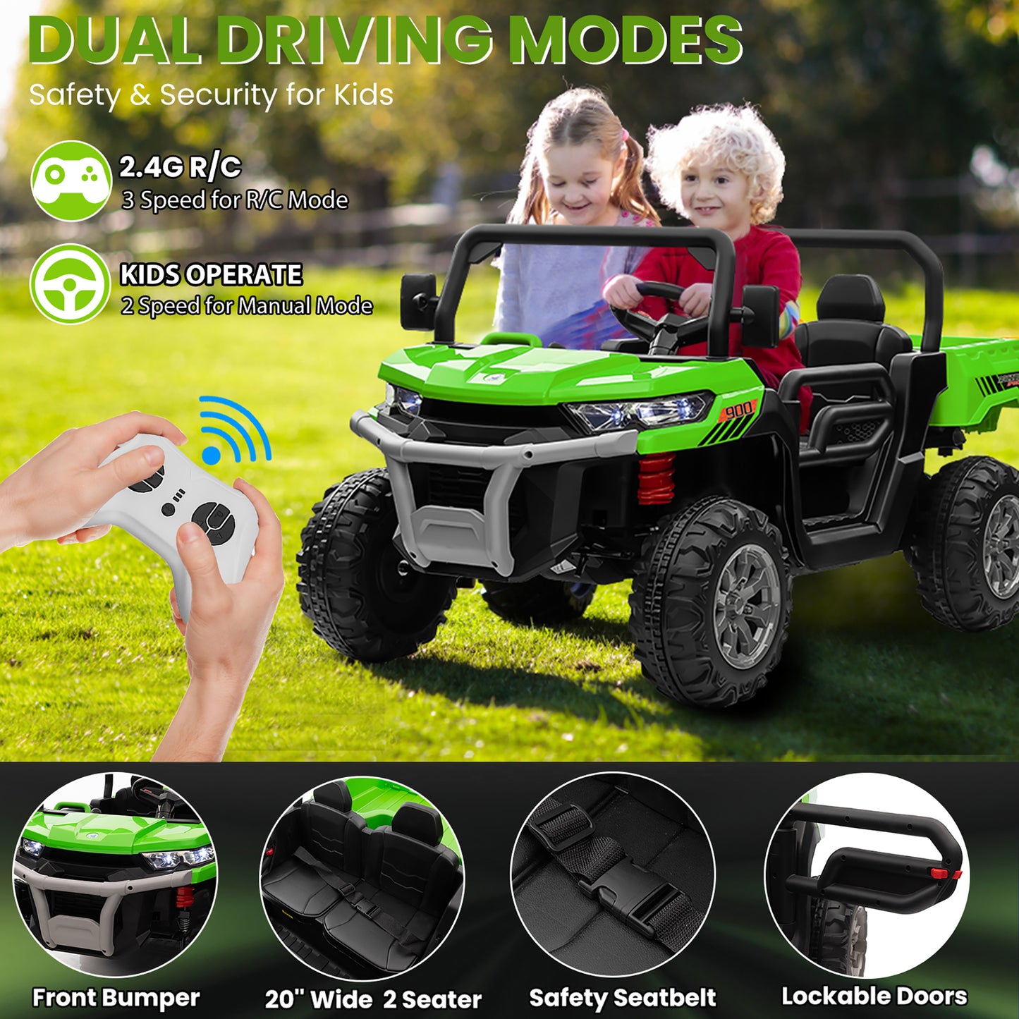 Joyracer 24V Ride on Toys UTV with Remote Control, Outdoor Electric Cars for Kids, 2 Seater Powered Ride on Dump Truck w/ Trailer, Shovel, 3 Speeds, Music, Big Kids, Green
