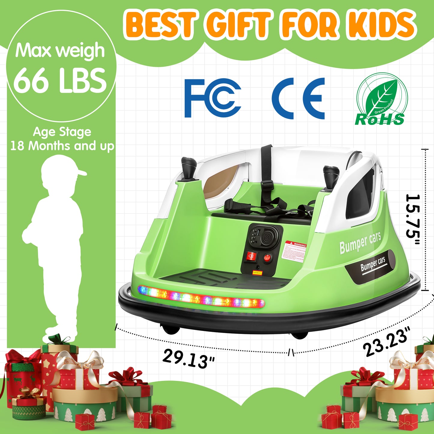 Joyracer 12V Kids Bumper Car for Toddler w/ Remote Control 3 Speeds, Electric Baby Bumper Car Ride on Toys with 7 Color Flashing Lights, 360 Spin, Volume Adjustable, USB/MP3 Music, 1.2 MPH Max, Green