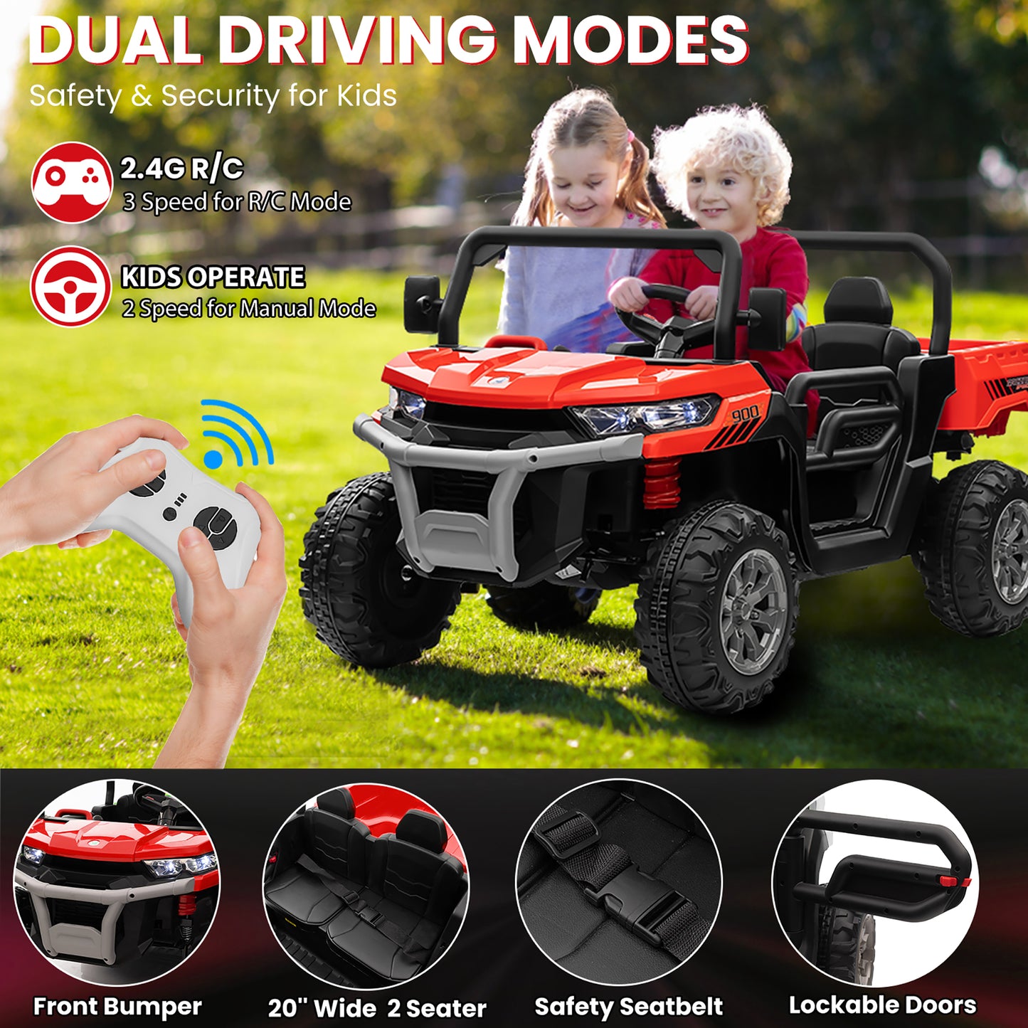24V Kids Ride on Tractor with Remote Control, 2 Seater Ride on Truck for Kids Gift, 2x200W Motor, Electric Battery Powered Ride on Toy with Trailer & Shovel, Horn, MP3, Bluetooth Music, Red-623