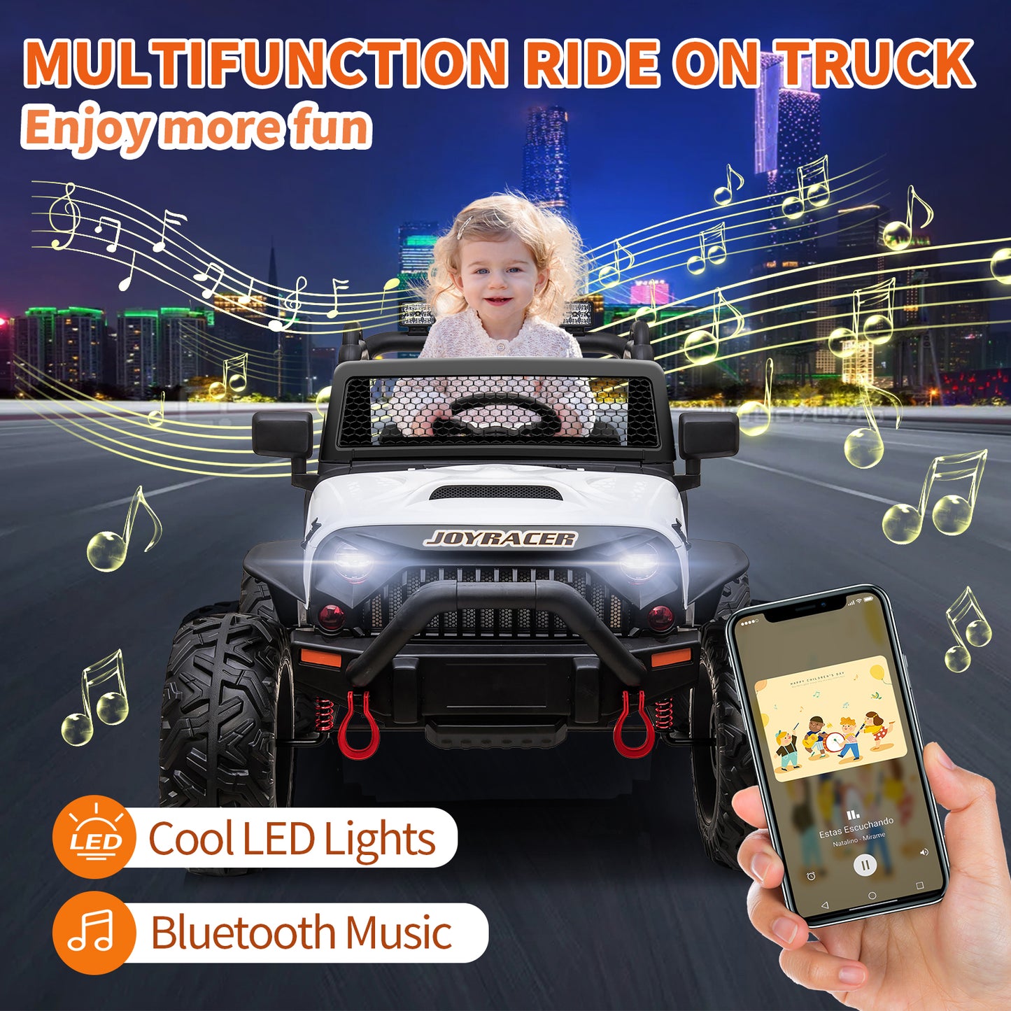 24V 4WD Kids Ride On Truck with Remote Control, 2 Seater Ride On Off-Road Toy Car w/ 4x200W Motors, 9AH Battery Powered Electric Vehicle, Spring Suspension, 3 Speeds, LED Lights, Bluetooth MP3 Music, White