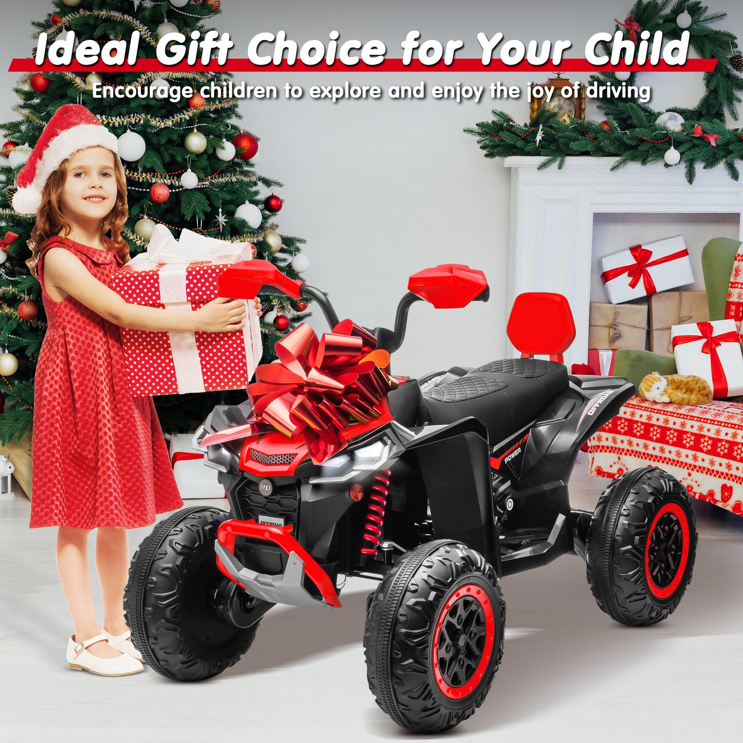 Joyracer 24V 4x4 Kids ATV Electric 4-Wheeler with Leather-Seater, 24 Volt Ride on Toys for Big Kids w/ Kneepads, 4x200W Motors, Bluetooth Music, Red