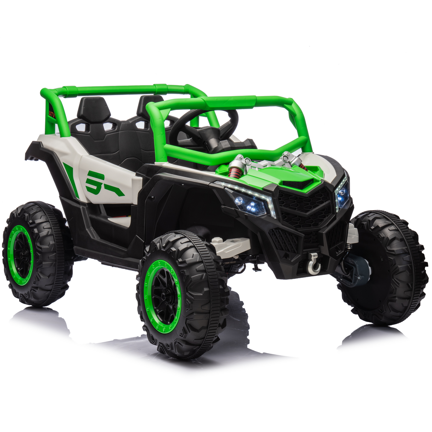 Joyracer 24V Ride on Car w/ Remote Control, 4WD Powered Electric Off-Road UTV with 4*200W Motors, Larger Seat 4 Wheeler with LED Light, Bluetooth, Music, Spring Suspension, 3 Speeds, Green