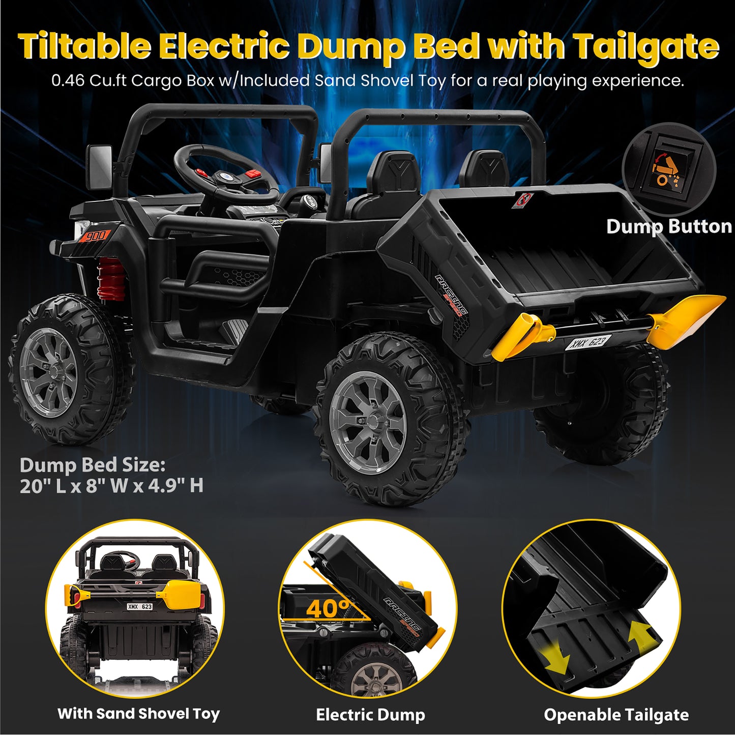 24V Kids Ride on Tractor with Remote Control, 2 Seater Ride on Truck for Kids Gift, 2x200W Motor, Electric Battery Powered Ride on Toy with Trailer & Shovel, Horn, MP3, Bluetooth Music, Black-623