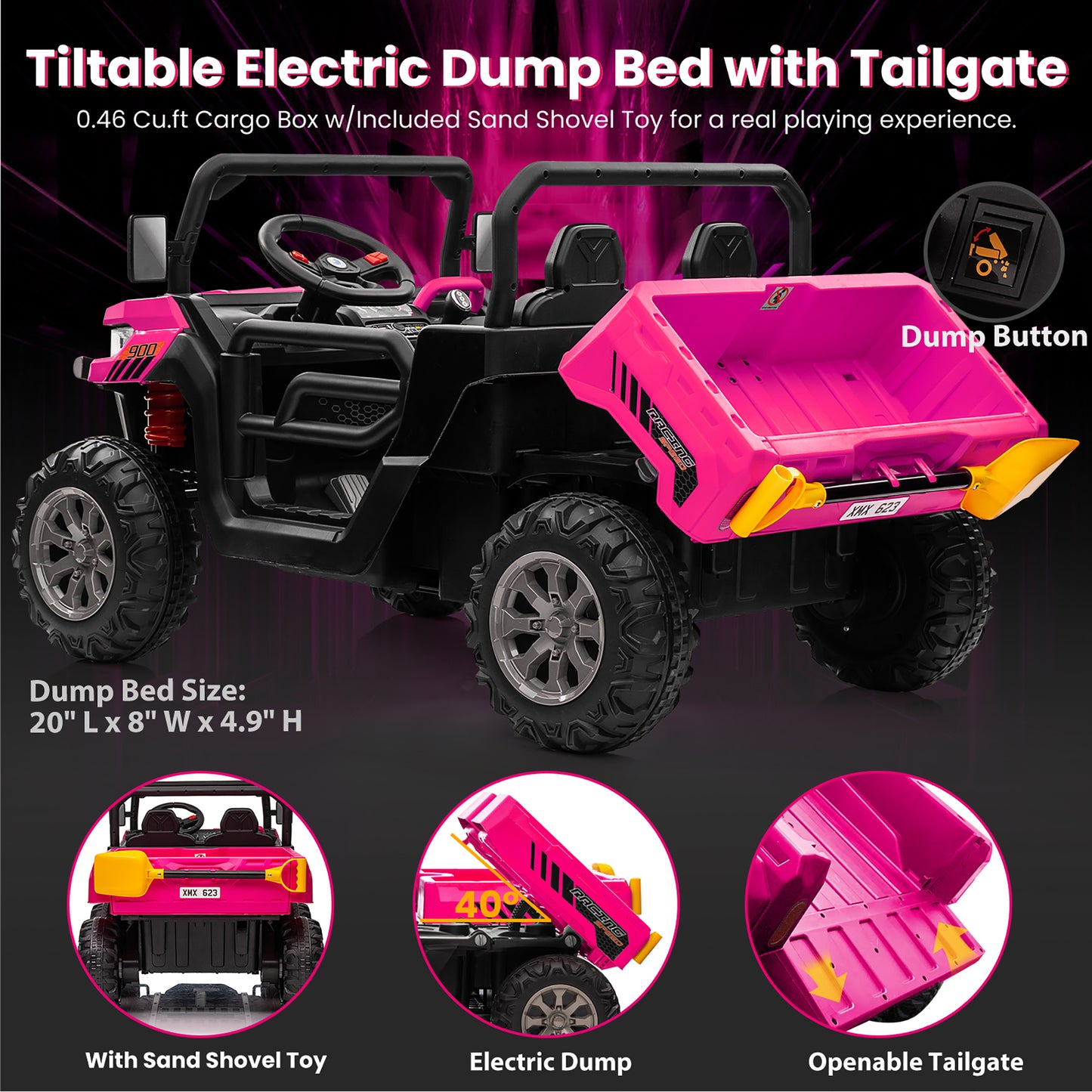 Joyracer 24V Ride on Toys UTV with Remote Control, Outdoor Electric Cars for Kids, 2 Seater Powered Ride on Dump Truck w/ Trailer, Shovel, 3 Speeds, Music, Big Kids, Pink