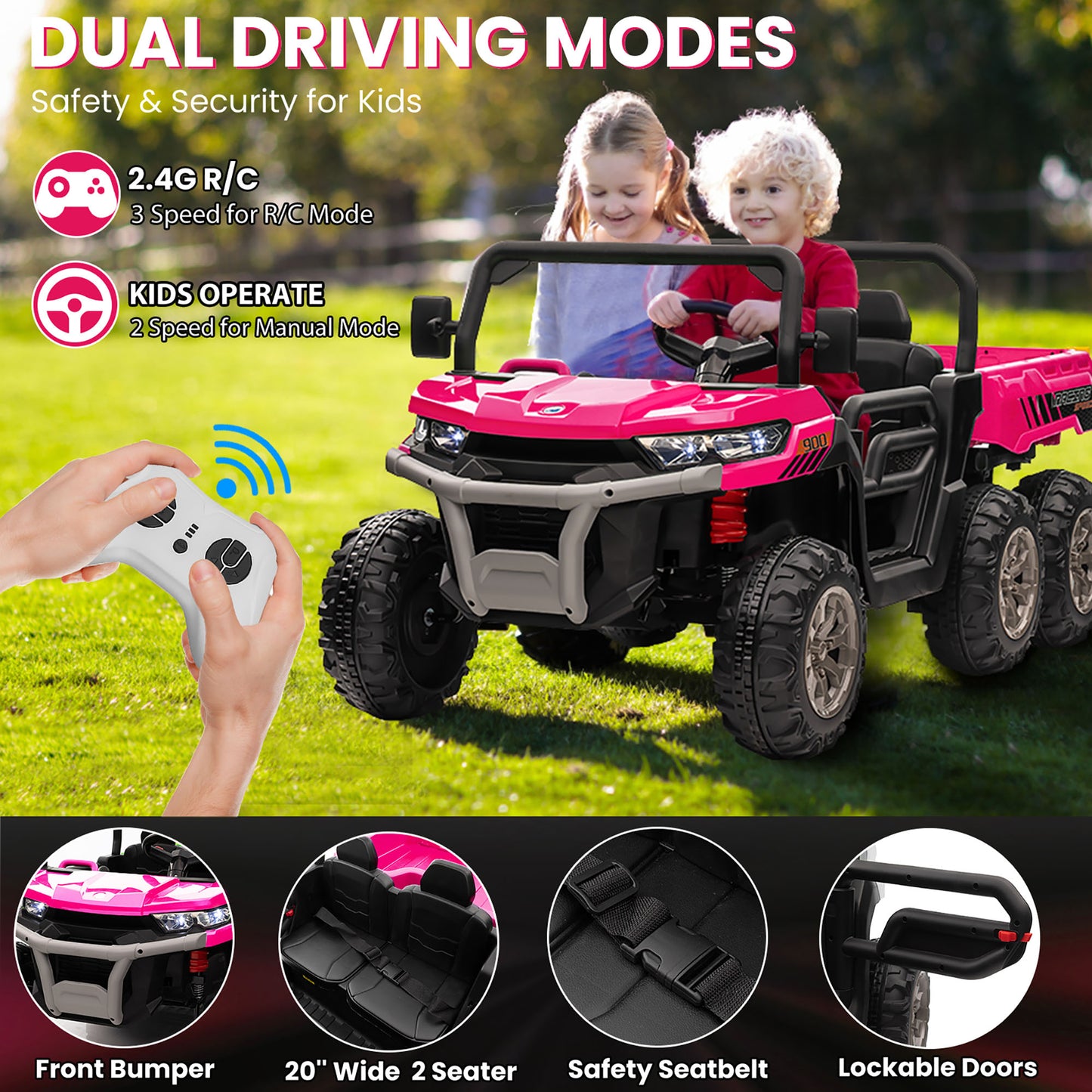 24V 2 Seater Kids Ride on Truck Car, 4WD Electric Powered Ride on Tractor with Trailer Remote Control