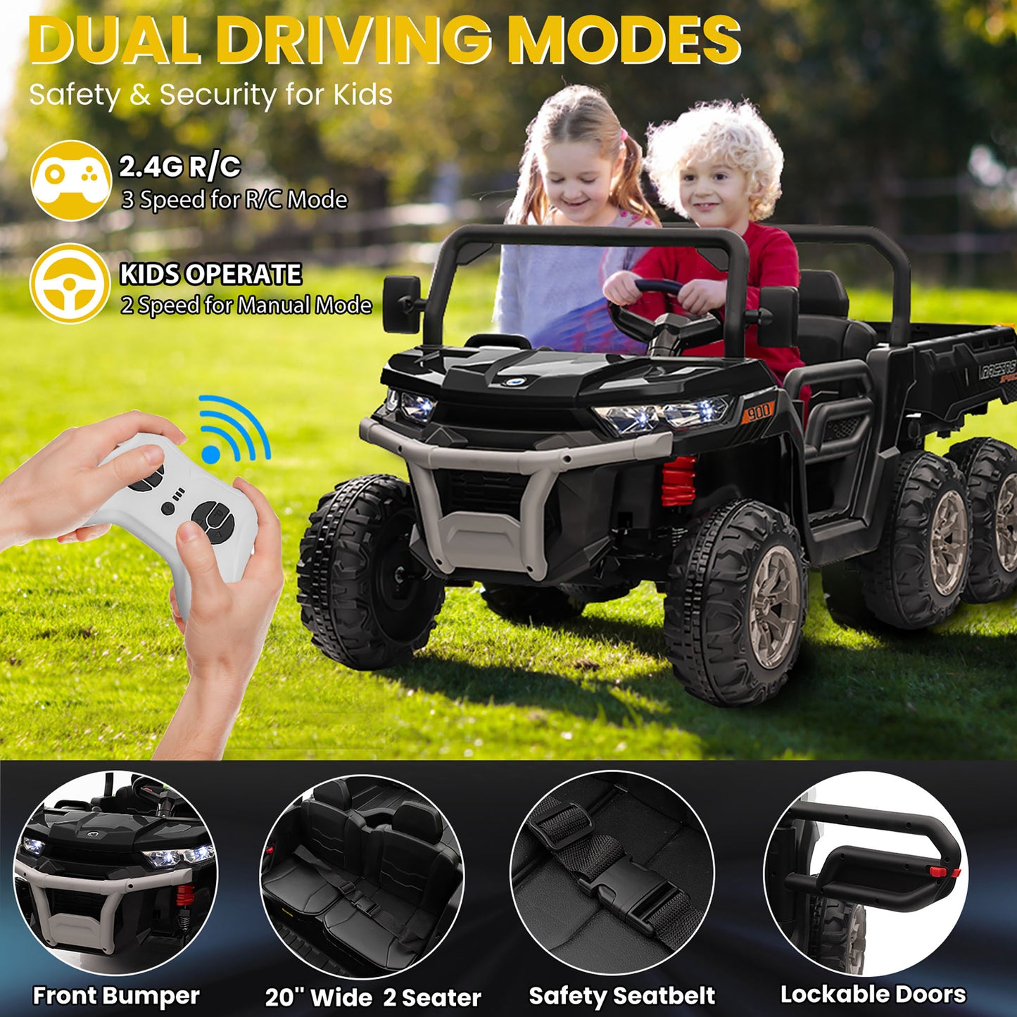 24V 2 Seater Kids Ride on Truck Car, 4WD Electric Powered Ride on Tractor with Trailer Remote Control