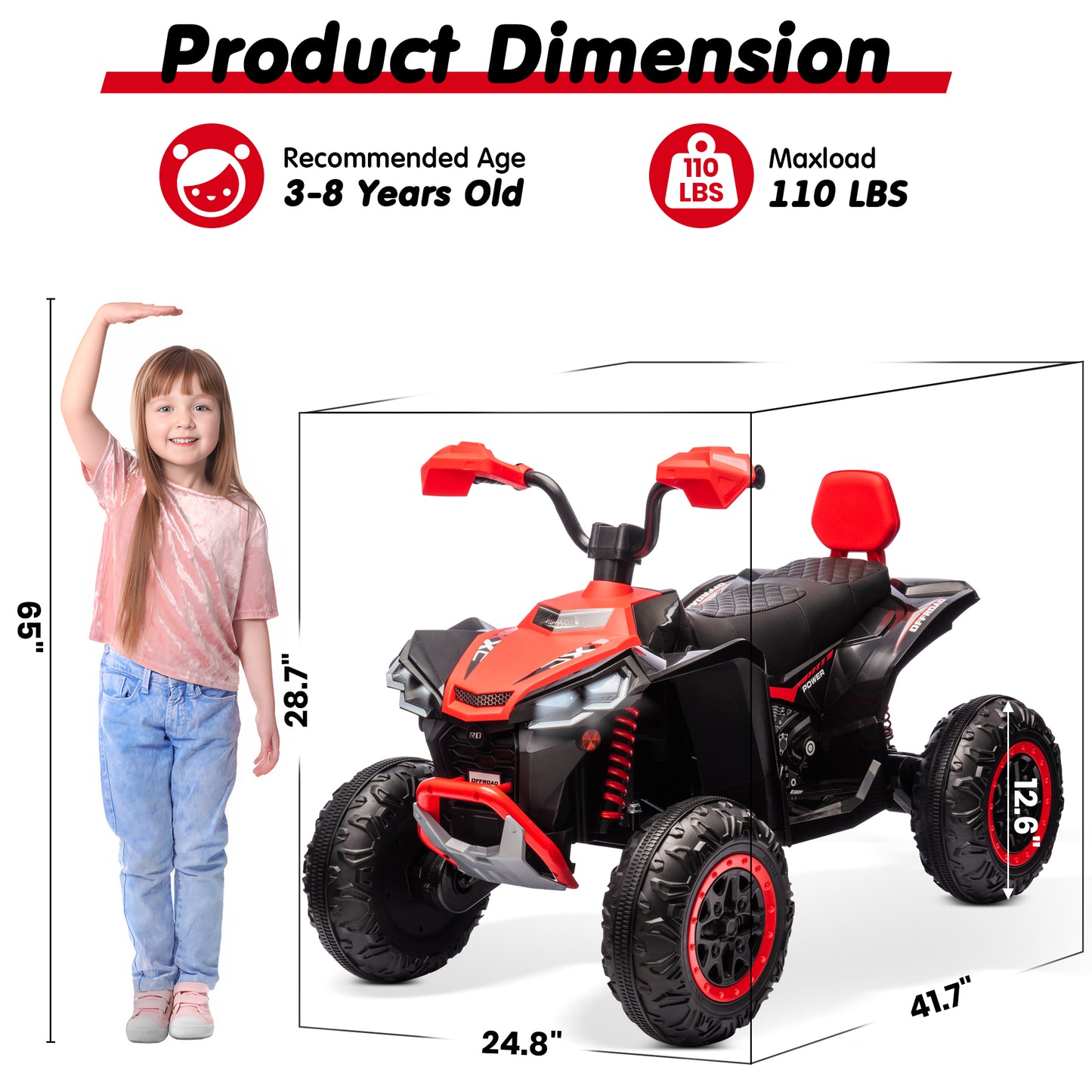 Joyracer 24V 4x4 Kids ATV Electric 4-Wheeler with Leather-Seater, 24 Volt Ride on Toys for Big Kids w/ Kneepads, 4x200W Motors, Bluetooth Music, Red