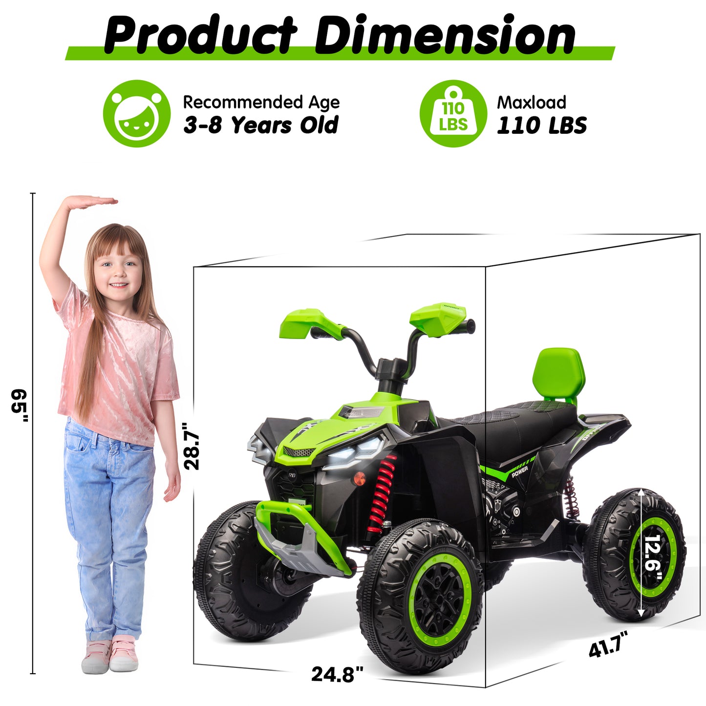 Joyracer 24V 4x4 Kids ATV Electric 4-Wheeler with Leather-Seater, 24 Volt Ride on Toys for Big Kids w/ Kneepads, 4x200W Motors, Bluetooth Music, Green