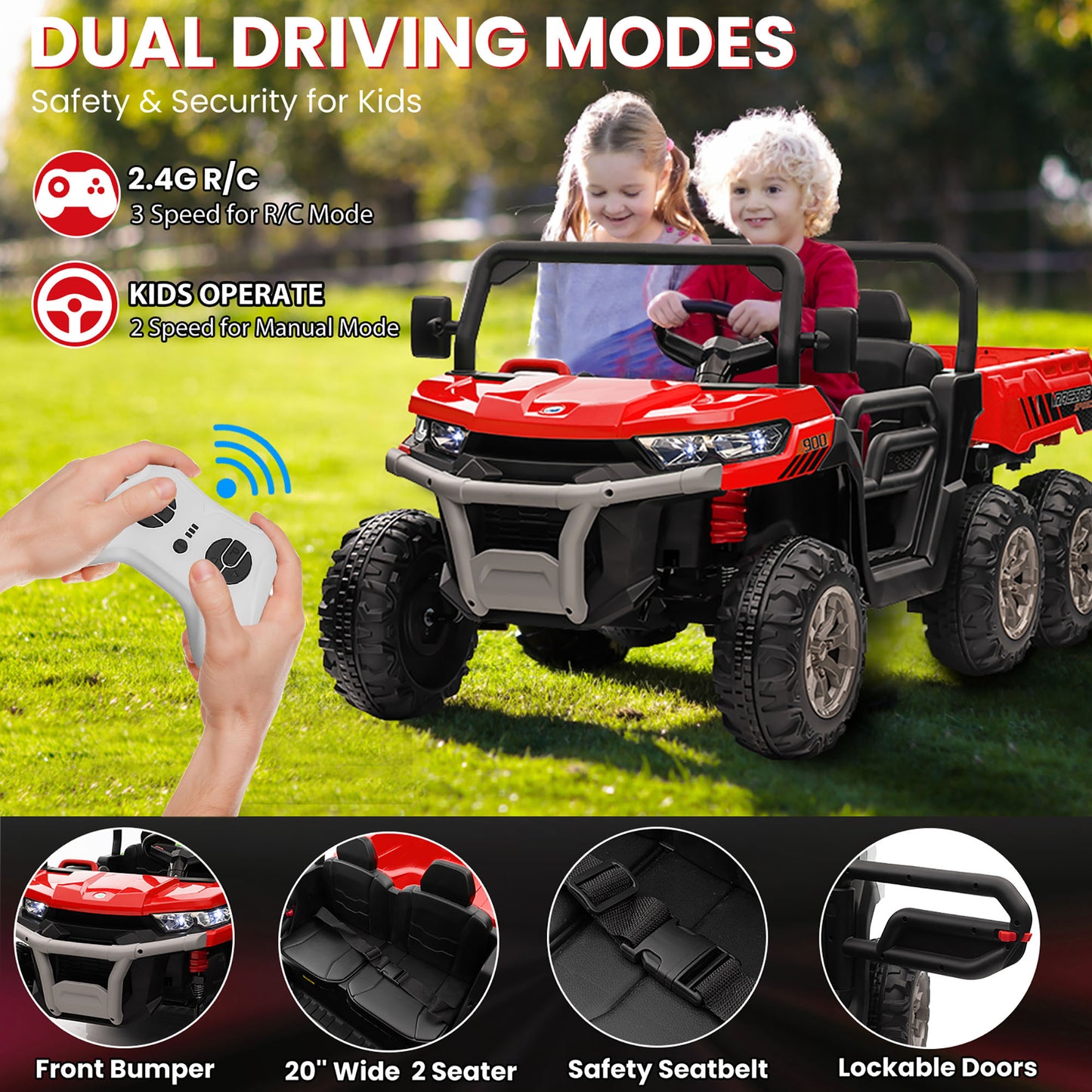 24V 2 Seater Kids Ride on Truck Car, 4WD Electric Powered Ride on Tractor with Trailer Remote Control
