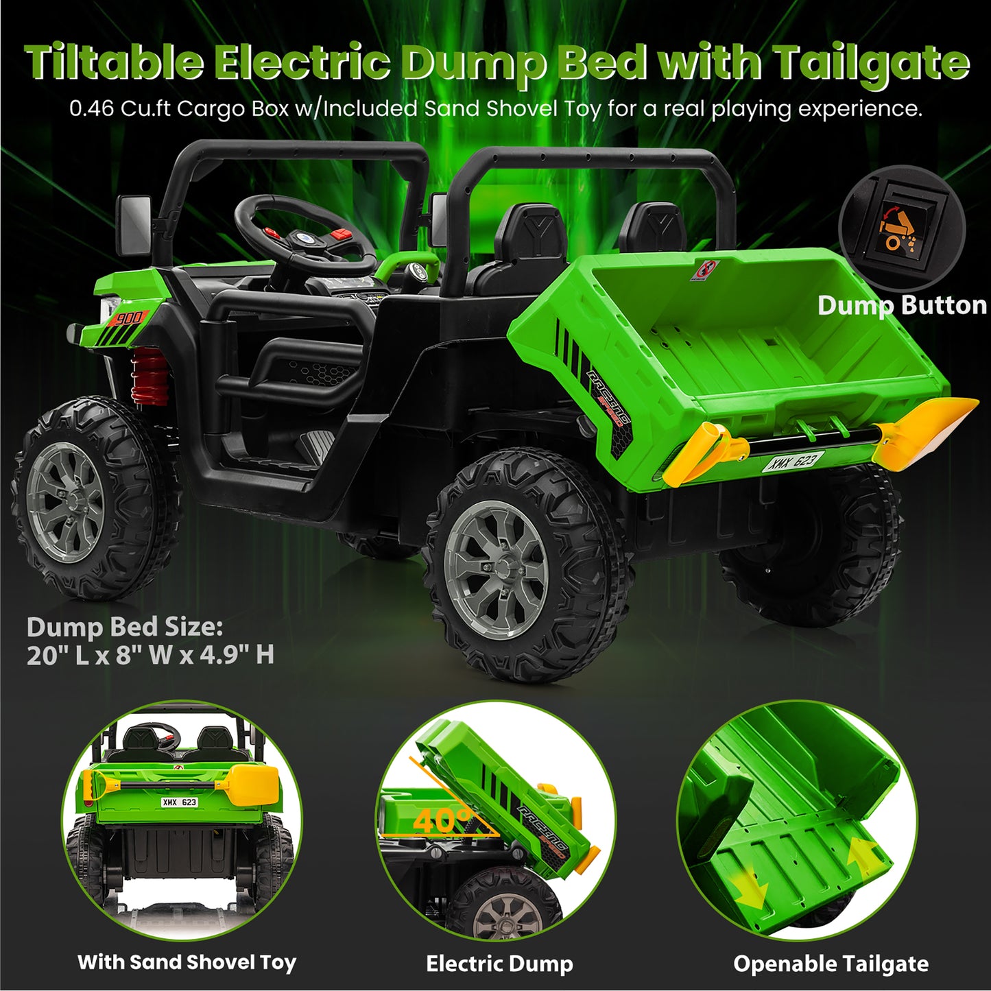 Joyracer 24V Ride on Toys UTV with Remote Control, Outdoor Electric Cars for Kids, 2 Seater Powered Ride on Dump Truck w/ Trailer, Shovel, 3 Speeds, Music, Big Kids, Green