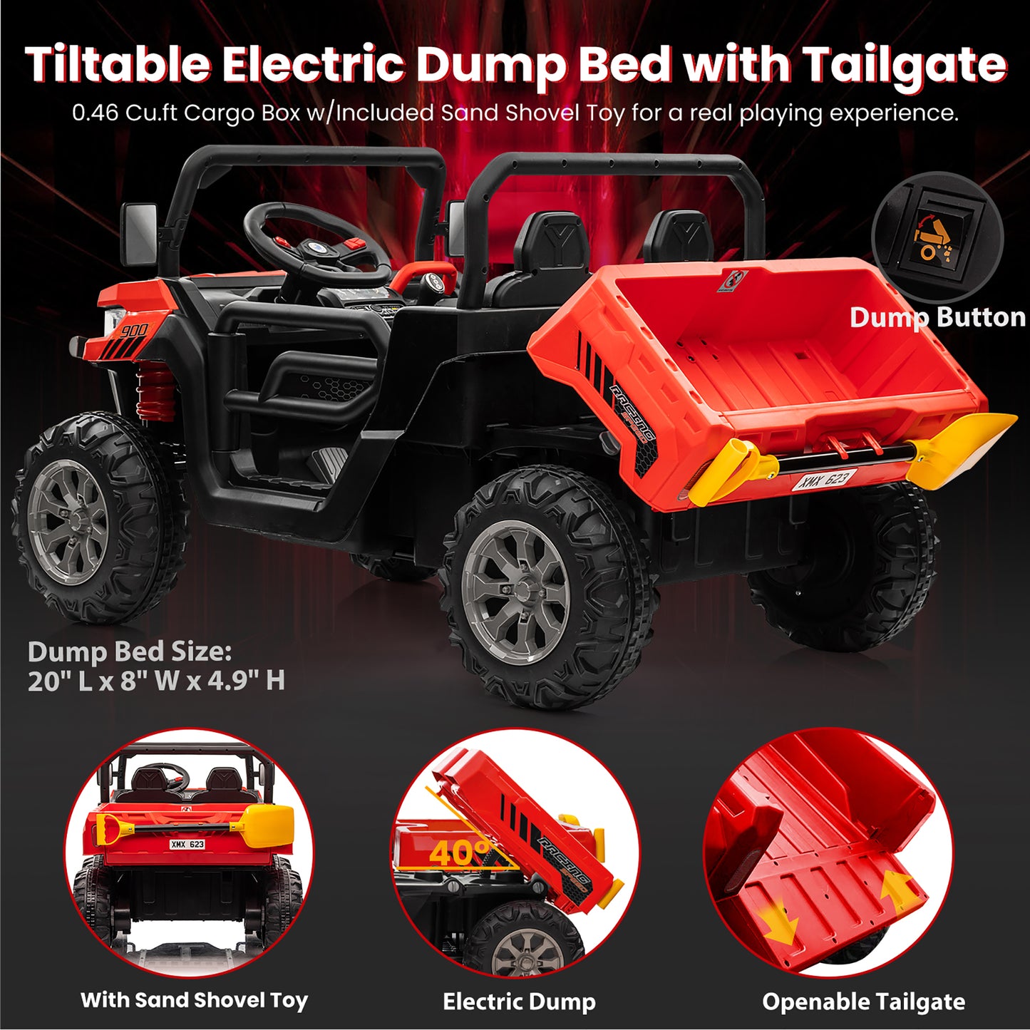 24V Kids Ride on Tractor with Remote Control, 2 Seater Ride on Truck for Kids Gift, 2x200W Motor, Electric Battery Powered Ride on Toy with Trailer & Shovel, Horn, MP3, Bluetooth Music, Red-623