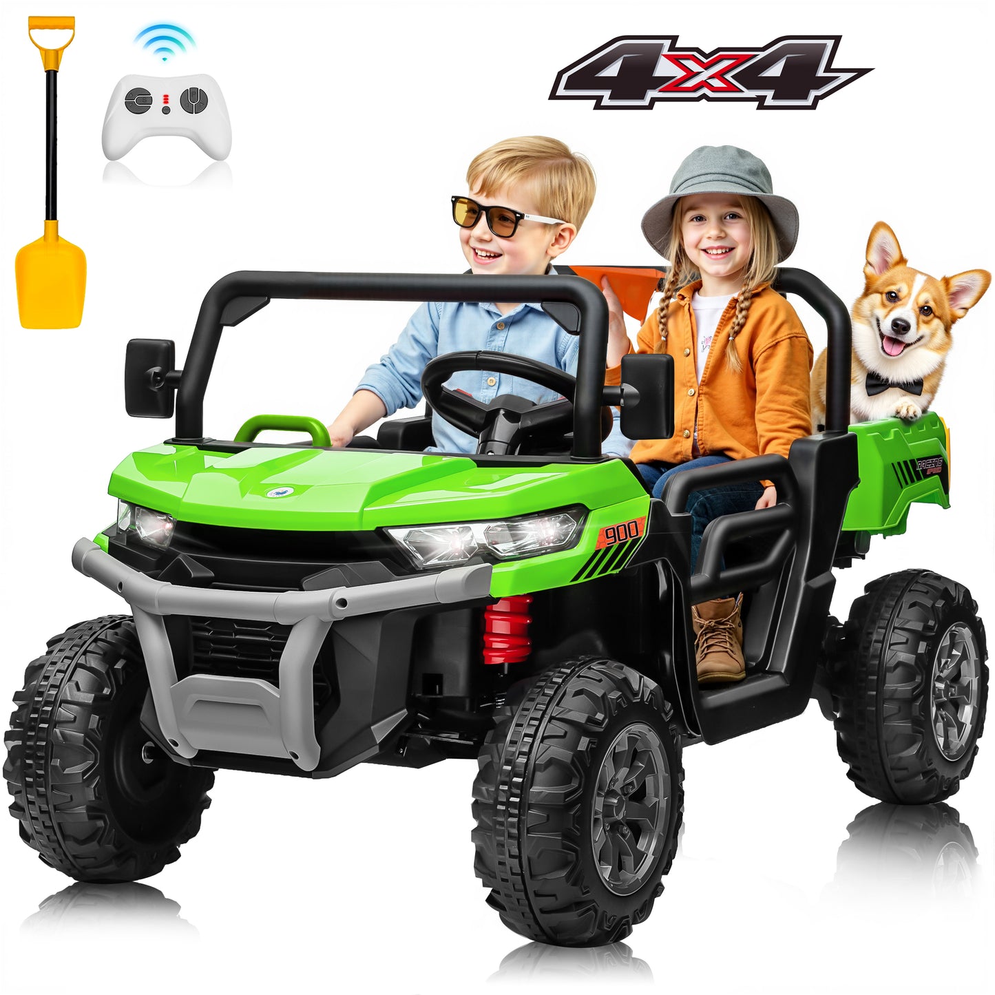 Joyracer 4WD 24 Volt Ride on Toys, 800W Ride on Truck for Kids, 2 Seater Powered Car w/ Dump Bed & Shovel, Ride on UTV w/Remote Control, Bluetooth, LED Lights