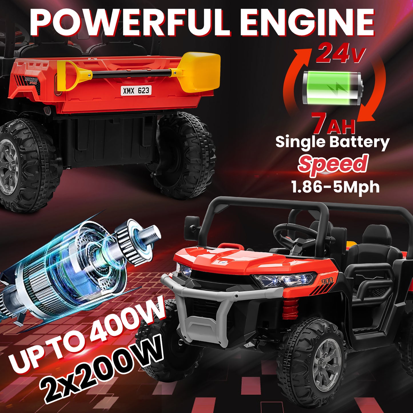 24V Kids Ride on Tractor with Remote Control, 2 Seater Ride on Truck for Kids Gift, 2x200W Motor, Electric Battery Powered Ride on Toy with Trailer & Shovel, Horn, MP3, Bluetooth Music, Red-623
