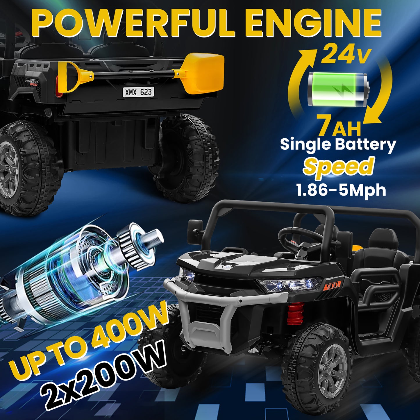 24V Kids Ride on Tractor with Remote Control, 2 Seater Ride on Truck for Kids Gift, 2x200W Motor, Electric Battery Powered Ride on Toy with Trailer & Shovel, Horn, MP3, Bluetooth Music, Black-623
