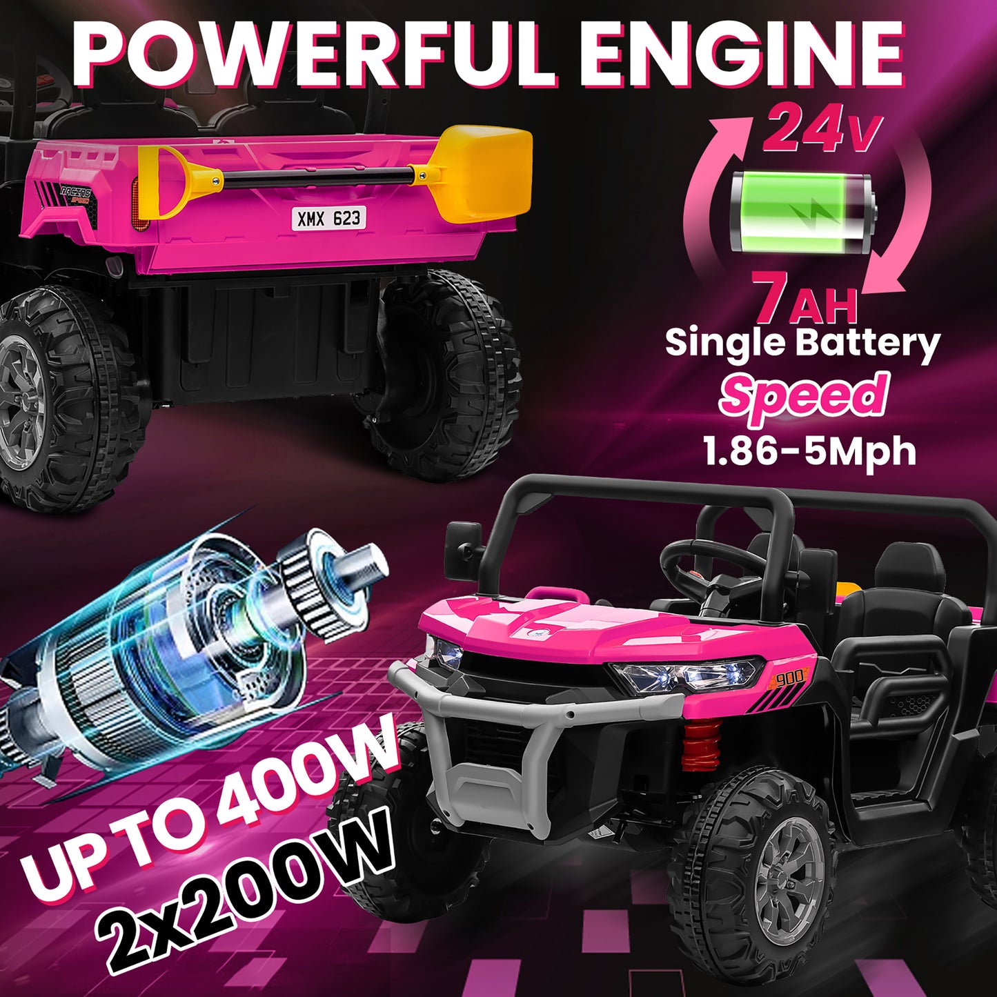 Joyracer 24V Ride on Toys UTV with Remote Control, Outdoor Electric Cars for Kids, 2 Seater Powered Ride on Dump Truck w/ Trailer, Shovel, 3 Speeds, Music, Big Kids, Pink